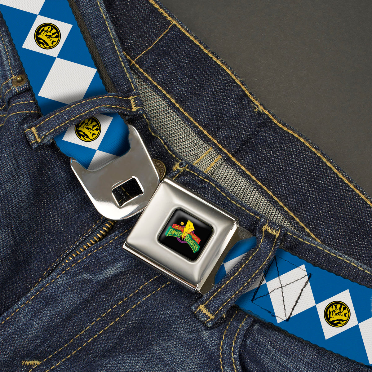 Power Rangers Logo Full Color Black Seatbelt Belt - Power Rangers Blue Ranger Triceratops Coin Icon Diamond Blue/White Webbing Seatbelt Belts Power Rangers