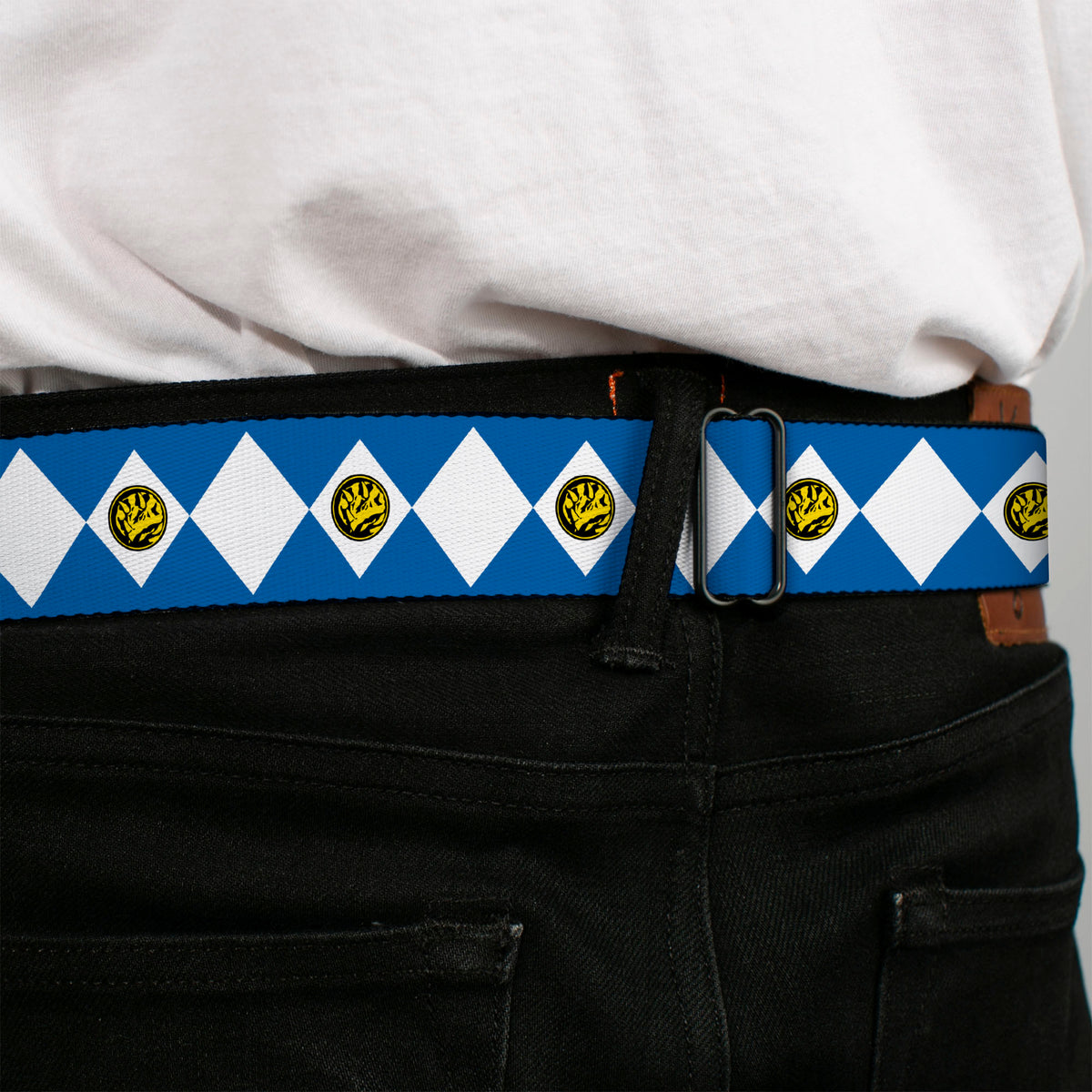 Power Rangers Logo Full Color Black Seatbelt Belt - Power Rangers Blue Ranger Triceratops Coin Icon Diamond Blue/White Webbing Seatbelt Belts Power Rangers