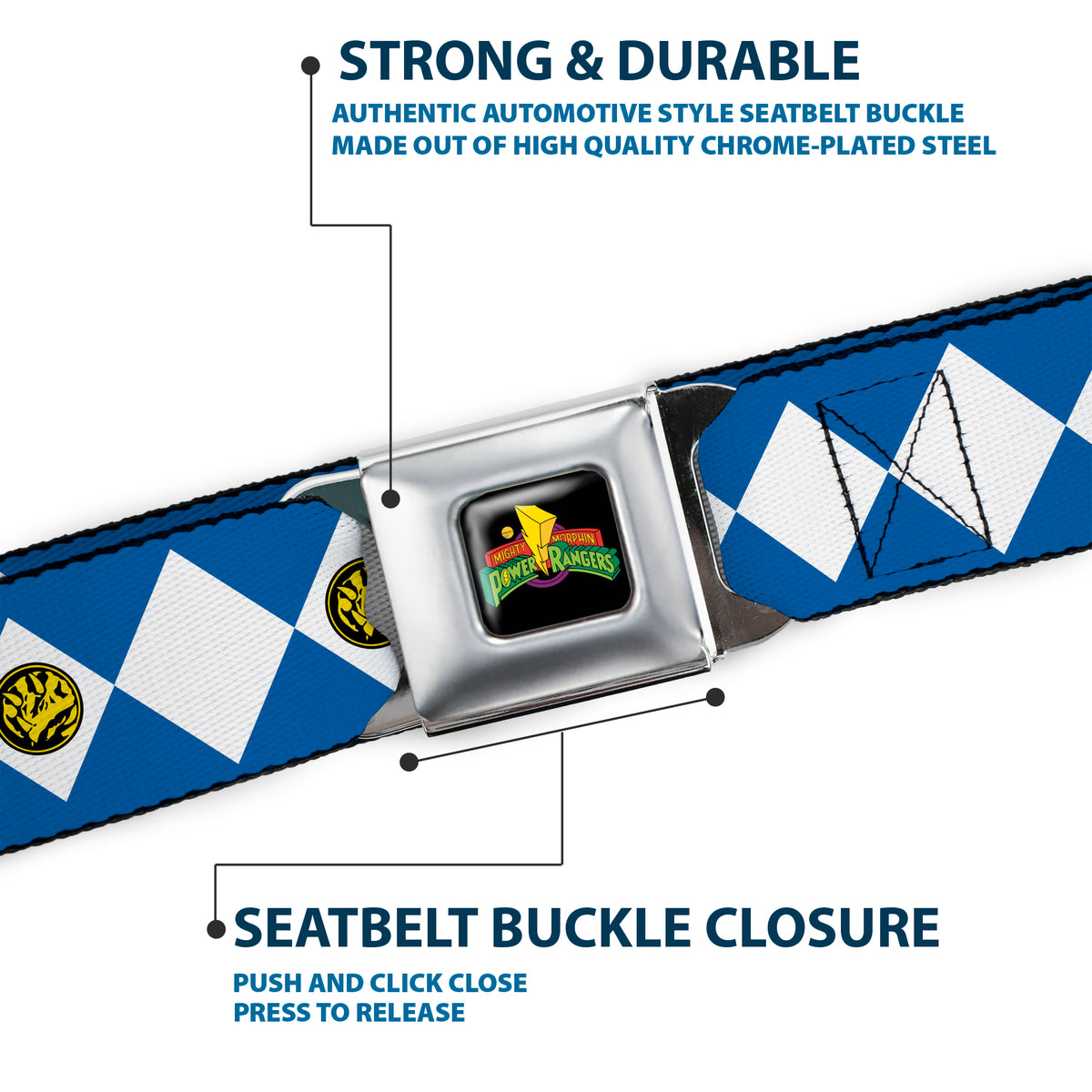 Power Rangers Logo Full Color Black Seatbelt Belt - Power Rangers Blue Ranger Triceratops Coin Icon Diamond Blue/White Webbing Seatbelt Belts Power Rangers