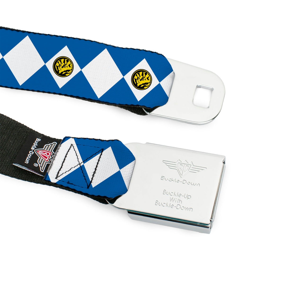 Power Rangers Logo Full Color Black Seatbelt Belt - Power Rangers Blue Ranger Triceratops Coin Icon Diamond Blue/White Webbing Seatbelt Belts Power Rangers