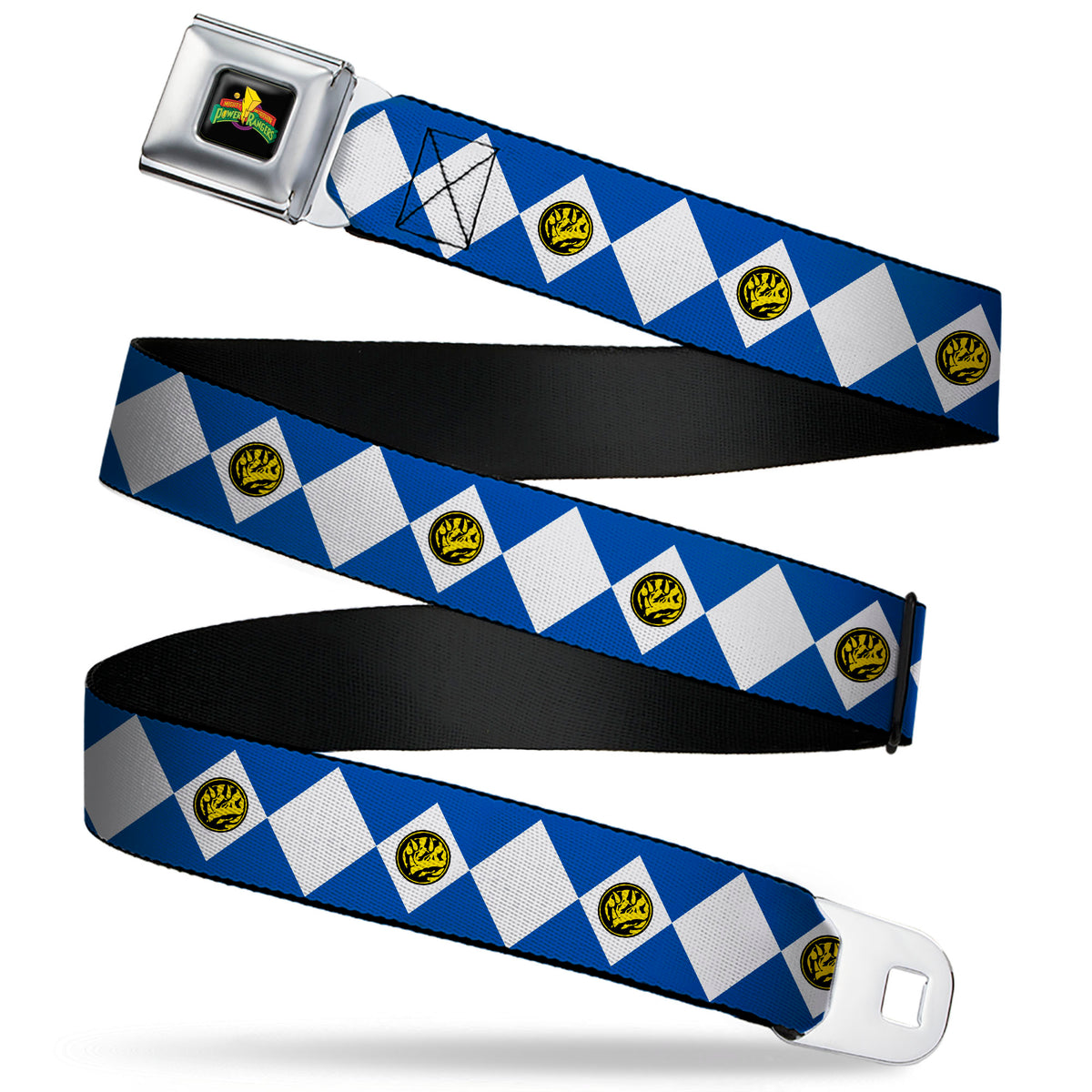 Power Rangers Logo Full Color Black Seatbelt Belt - Power Rangers Blue Ranger Triceratops Coin Icon Diamond Blue/White Webbing Seatbelt Belts Power Rangers