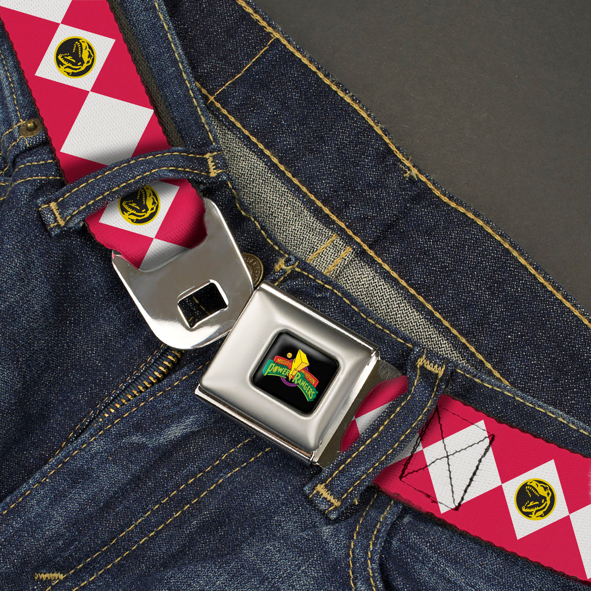 Power Rangers Logo Full Color Black Seatbelt Belt - Power Rangers Red Ranger Tyrannosaurus Rex Coin Icon Diamond Red/White Webbing Seatbelt Belts Power Rangers