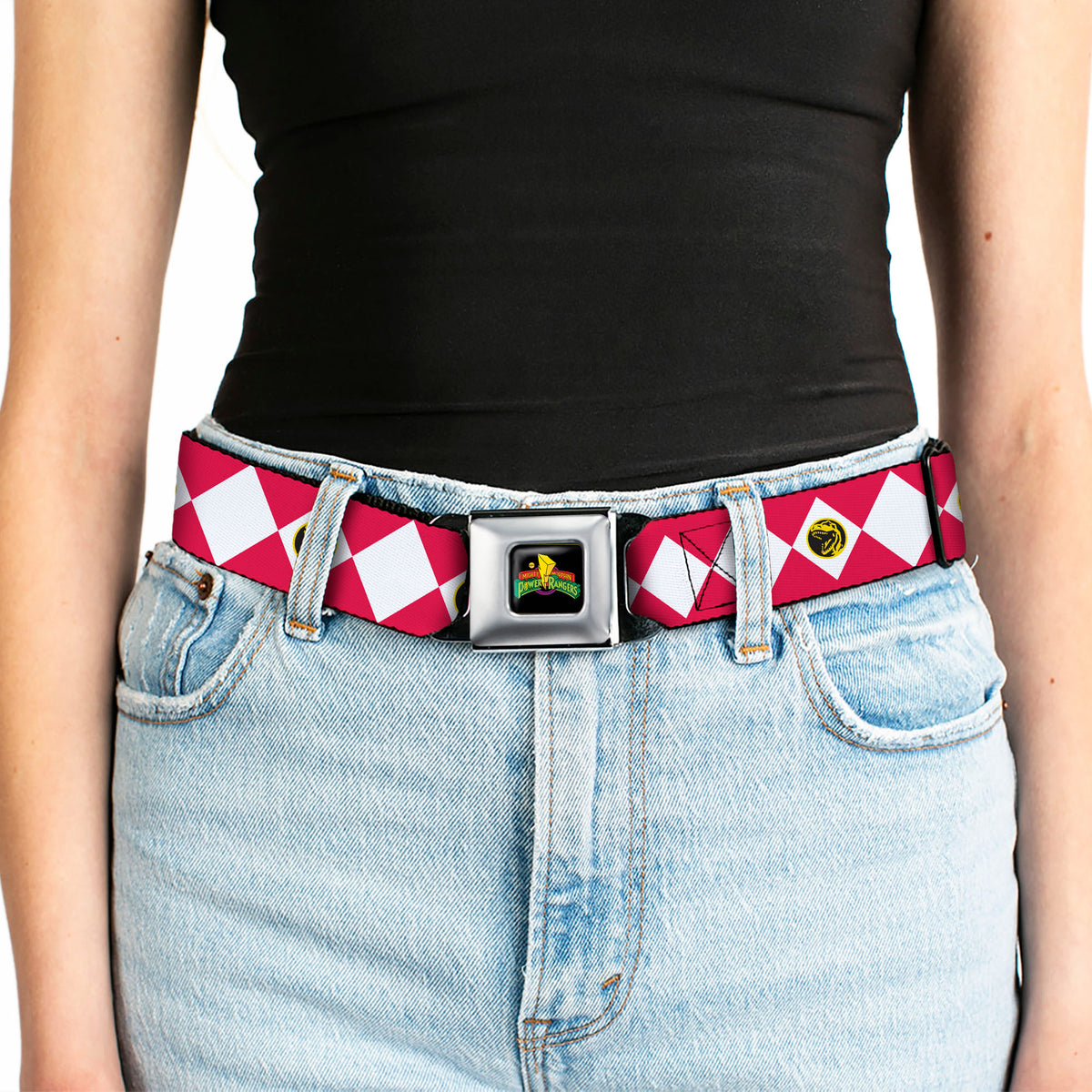 Power Rangers Logo Full Color Black Seatbelt Belt - Power Rangers Red Ranger Tyrannosaurus Rex Coin Icon Diamond Red/White Webbing Seatbelt Belts Power Rangers