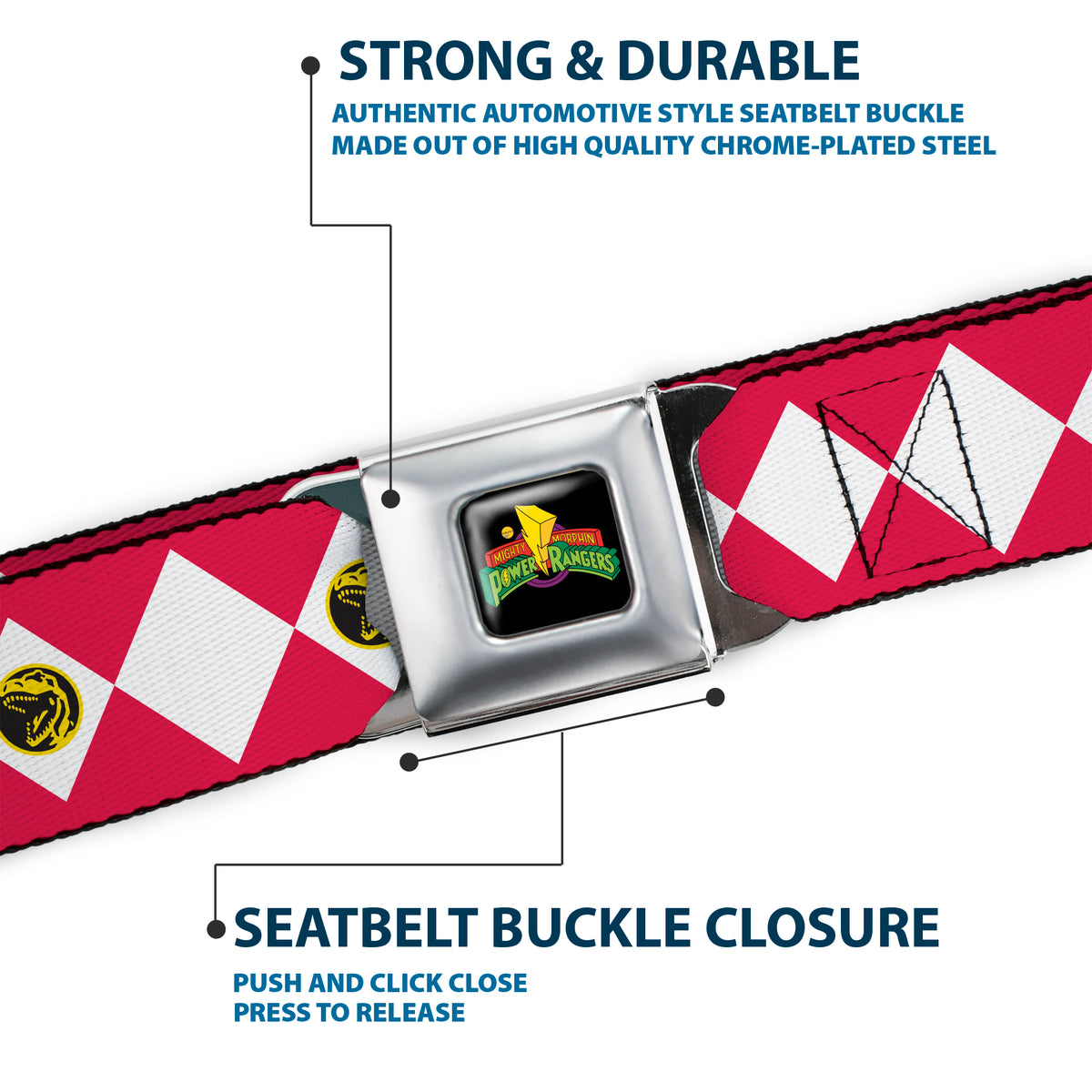 Power Rangers Logo Full Color Black Seatbelt Belt - Power Rangers Red Ranger Tyrannosaurus Rex Coin Icon Diamond Red/White Webbing Seatbelt Belts Power Rangers