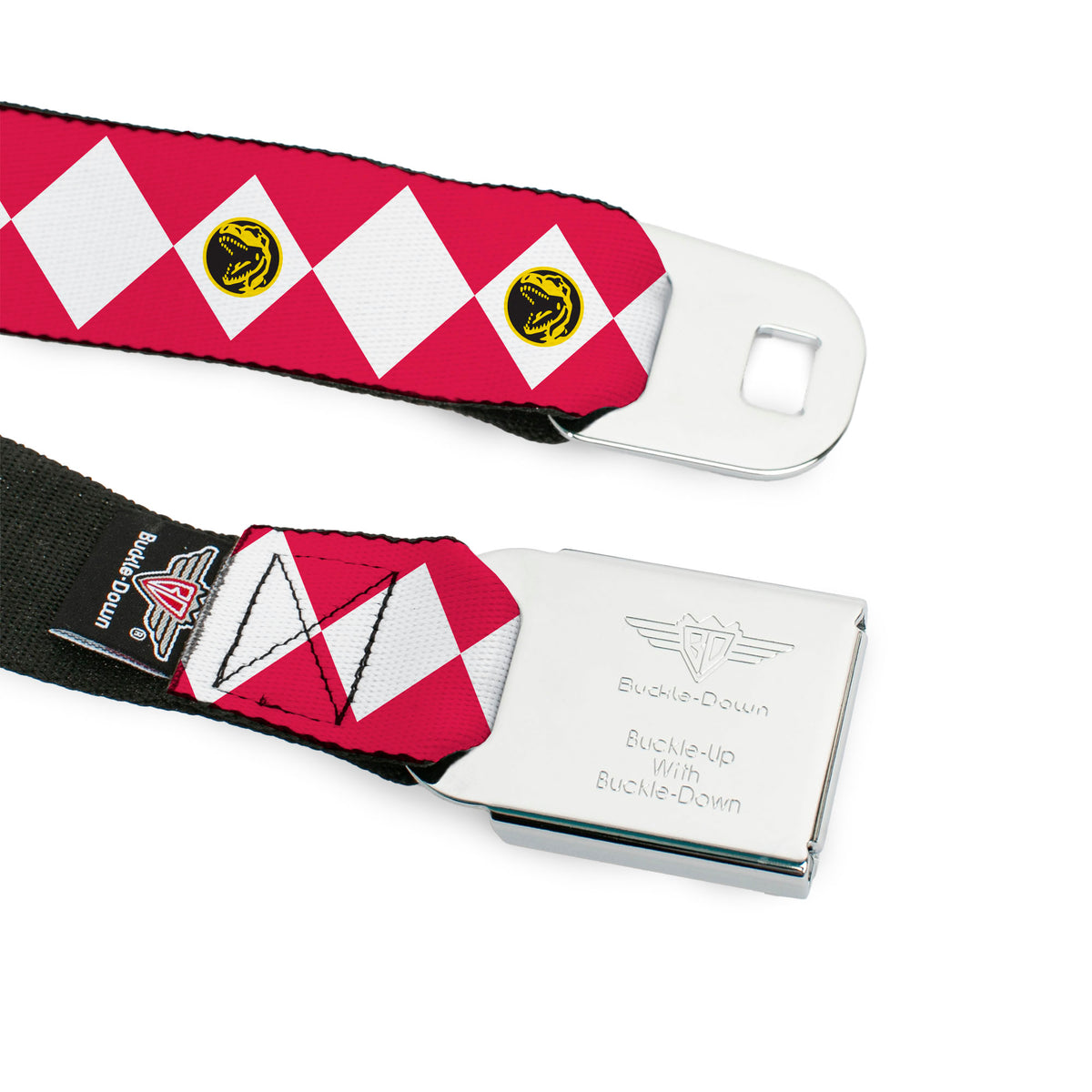Power Rangers Logo Full Color Black Seatbelt Belt - Power Rangers Red Ranger Tyrannosaurus Rex Coin Icon Diamond Red/White Webbing Seatbelt Belts Power Rangers