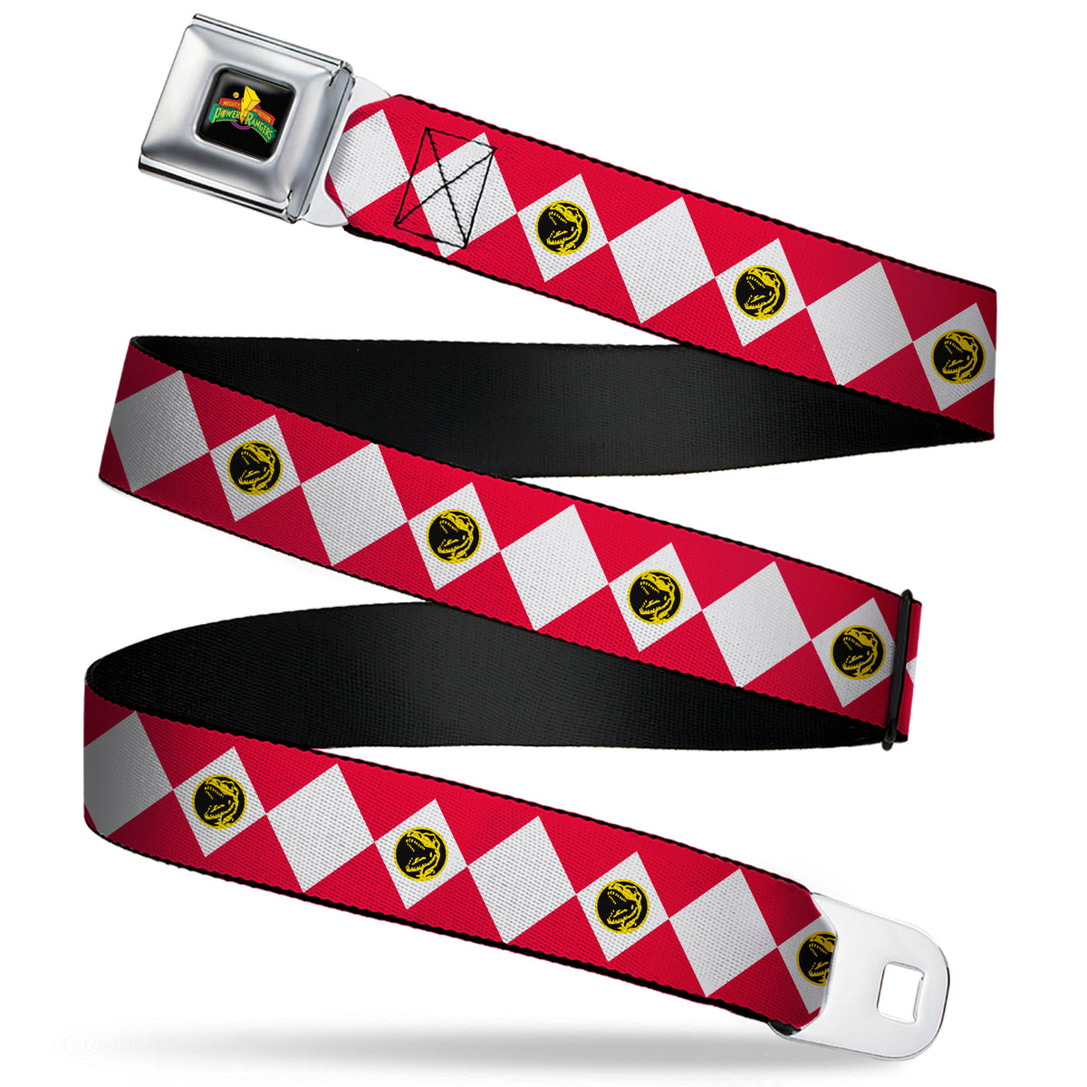 Power Rangers Logo Full Color Black Seatbelt Belt - Power Rangers Red Ranger Tyrannosaurus Rex Coin Icon Diamond Red/White Webbing Seatbelt Belts Power Rangers