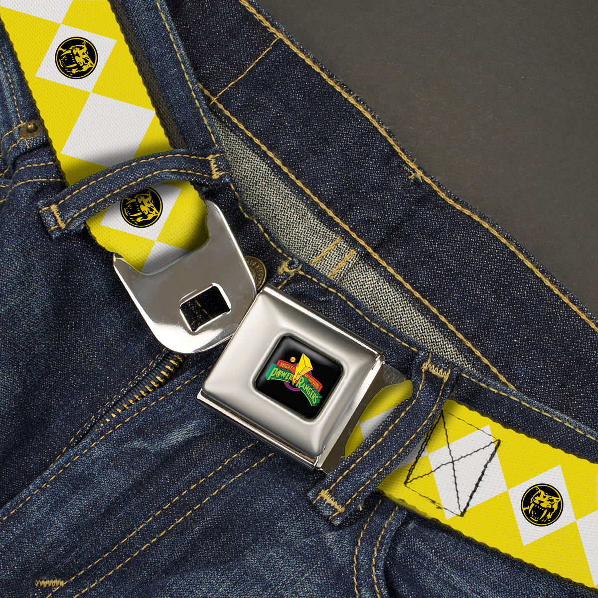 Power Rangers Logo Full Color Black Seatbelt Belt - Power Rangers Yellow Ranger Sabertooth Tiger Coin Icon Diamond Yellow/White Webbing Seatbelt Belts Power Rangers