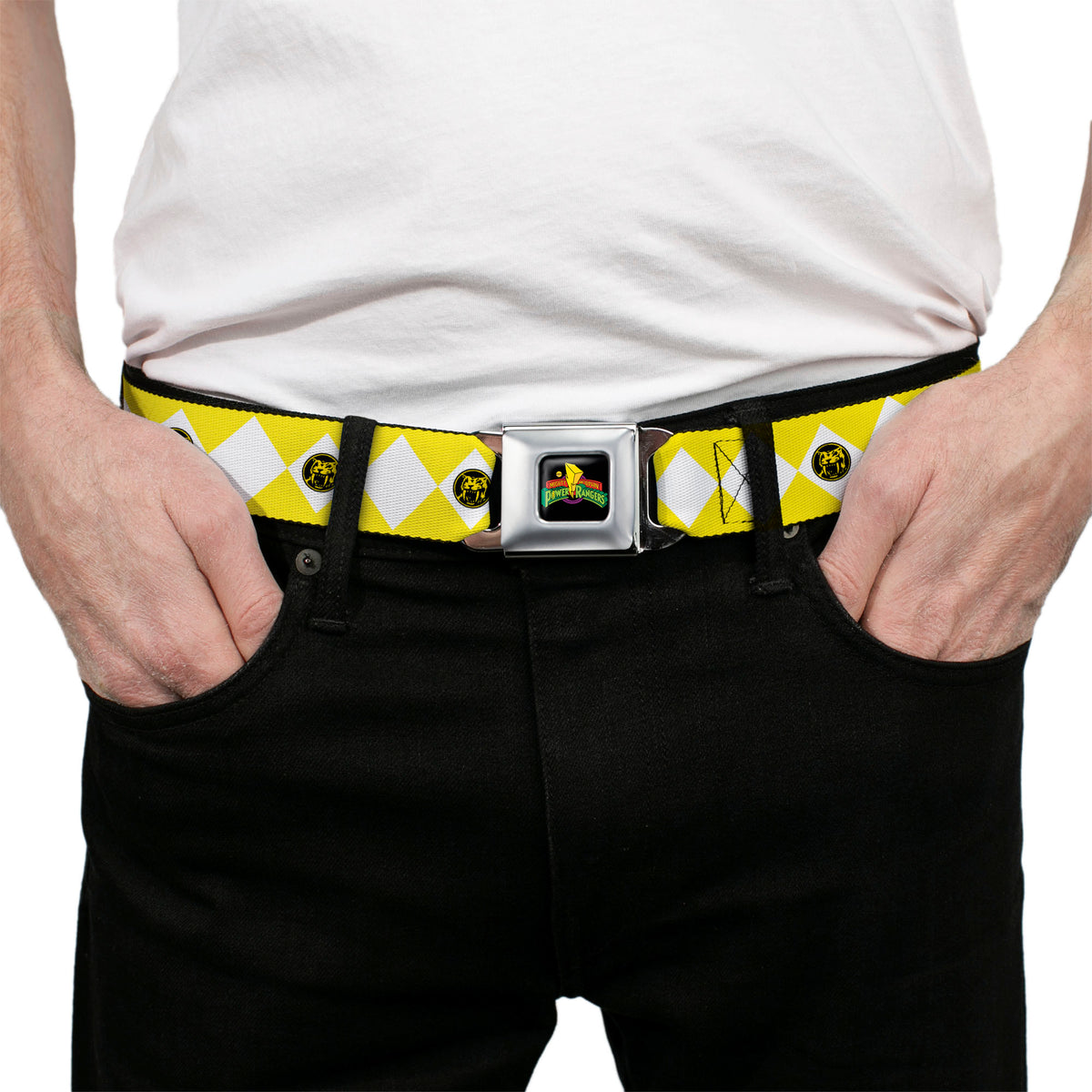 Power Rangers Logo Full Color Black Seatbelt Belt - Power Rangers Yellow Ranger Sabertooth Tiger Coin Icon Diamond Yellow/White Webbing Seatbelt Belts Power Rangers