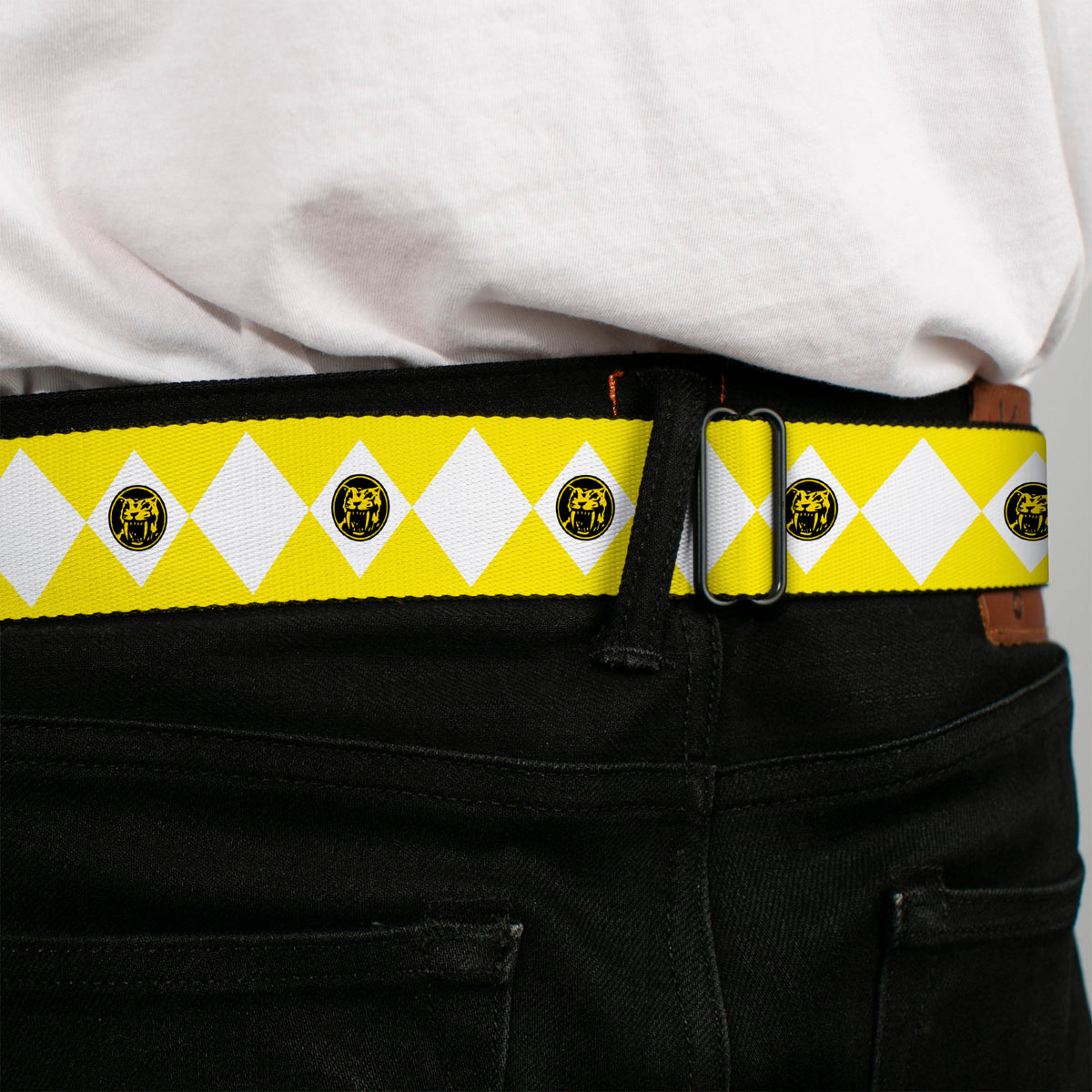 Power Rangers Logo Full Color Black Seatbelt Belt - Power Rangers Yellow Ranger Sabertooth Tiger Coin Icon Diamond Yellow/White Webbing Seatbelt Belts Power Rangers