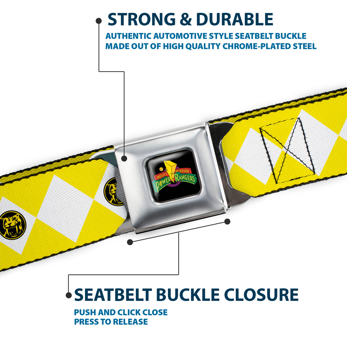 Power Rangers Logo Full Color Black Seatbelt Belt - Power Rangers Yellow Ranger Sabertooth Tiger Coin Icon Diamond Yellow/White Webbing Seatbelt Belts Power Rangers