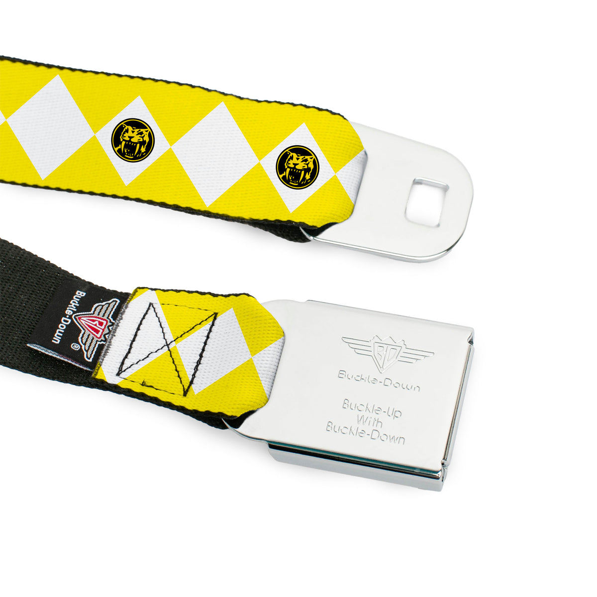 Power Rangers Logo Full Color Black Seatbelt Belt - Power Rangers Yellow Ranger Sabertooth Tiger Coin Icon Diamond Yellow/White Webbing Seatbelt Belts Power Rangers