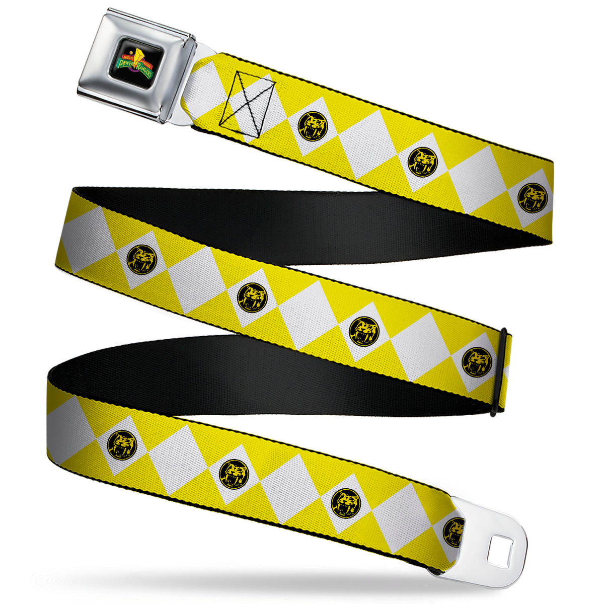 Power Rangers Logo Full Color Black Seatbelt Belt - Power Rangers Yellow Ranger Sabertooth Tiger Coin Icon Diamond Yellow/White Webbing Seatbelt Belts Power Rangers