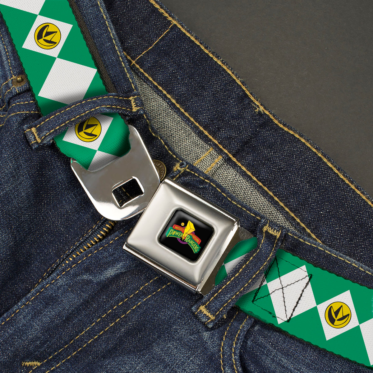 Power Rangers Logo Full Color Black Seatbelt Belt - Power Rangers Green Ranger Dragon Claw Coin Icon Diamond Green/White Webbing Seatbelt Belts Power Rangers