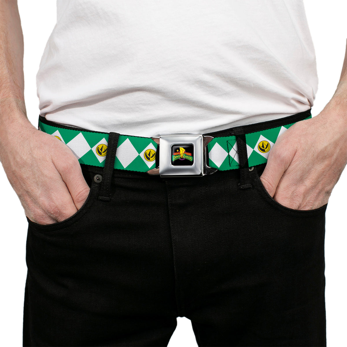 Power Rangers Logo Full Color Black Seatbelt Belt - Power Rangers Green Ranger Dragon Claw Coin Icon Diamond Green/White Webbing Seatbelt Belts Power Rangers