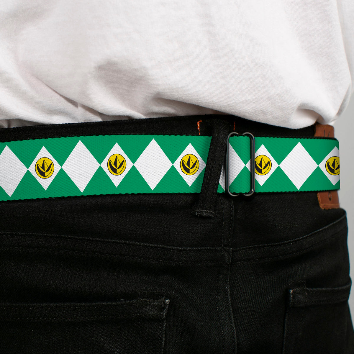 Power Rangers Logo Full Color Black Seatbelt Belt - Power Rangers Green Ranger Dragon Claw Coin Icon Diamond Green/White Webbing Seatbelt Belts Power Rangers