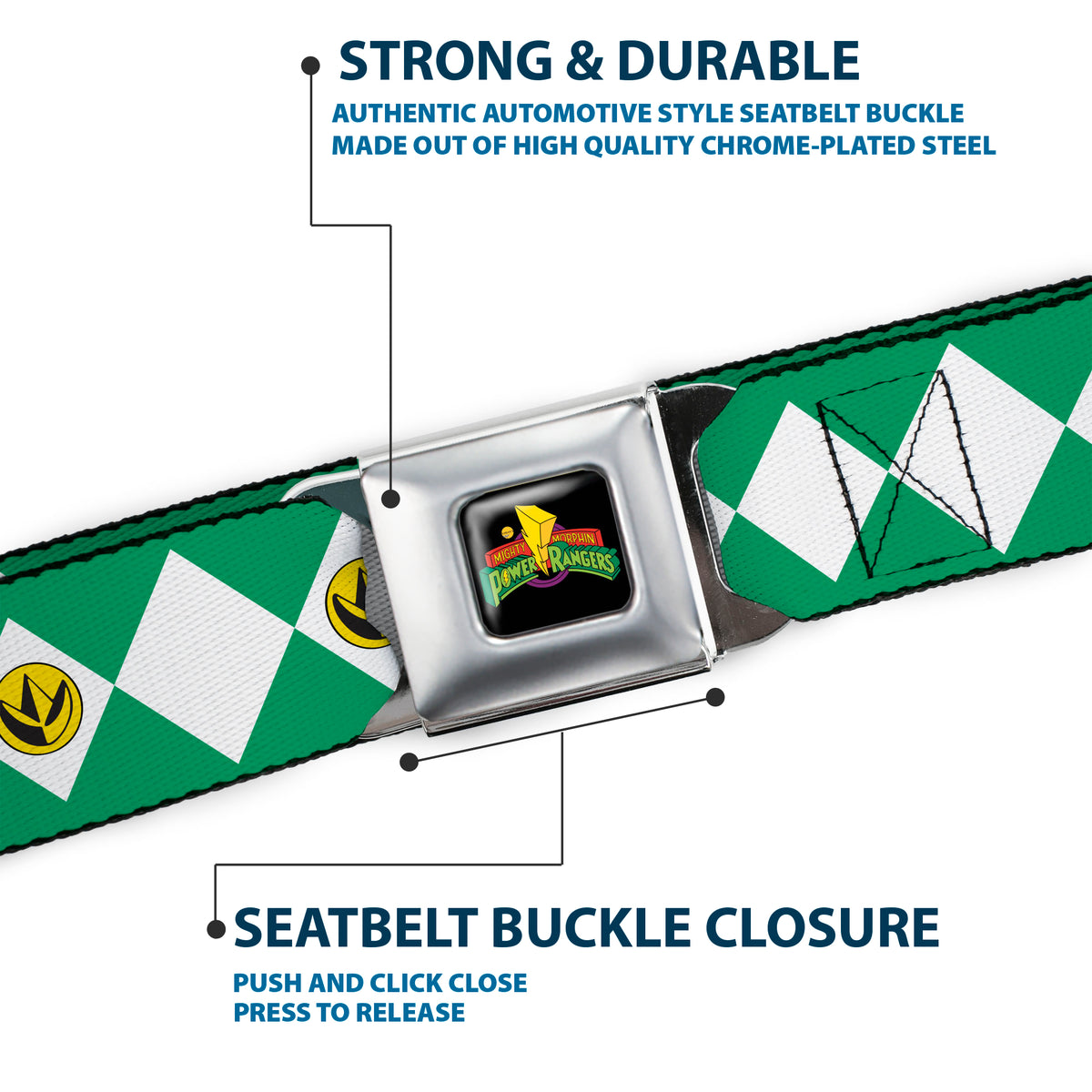 Power Rangers Logo Full Color Black Seatbelt Belt - Power Rangers Green Ranger Dragon Claw Coin Icon Diamond Green/White Webbing Seatbelt Belts Power Rangers