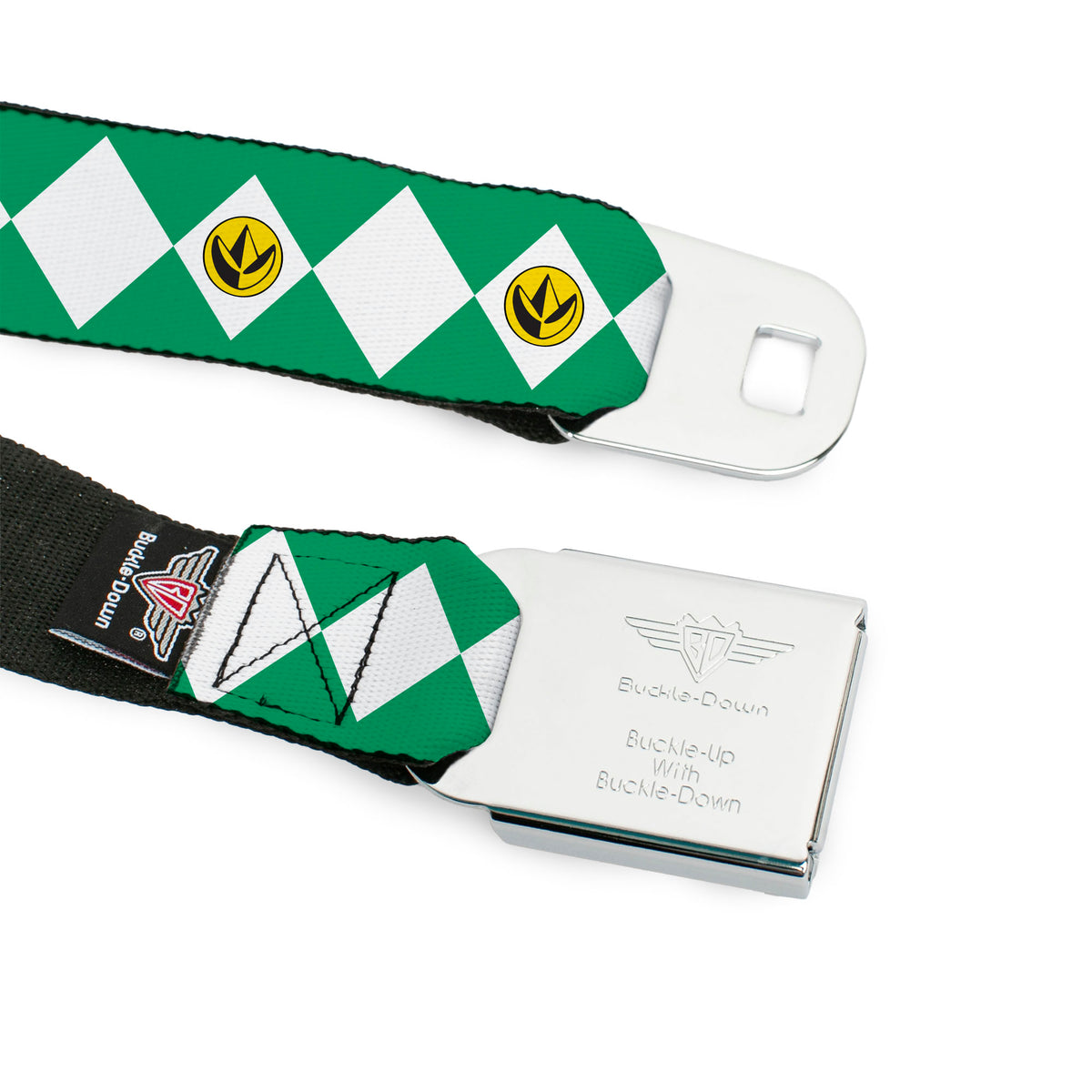 Power Rangers Logo Full Color Black Seatbelt Belt - Power Rangers Green Ranger Dragon Claw Coin Icon Diamond Green/White Webbing Seatbelt Belts Power Rangers