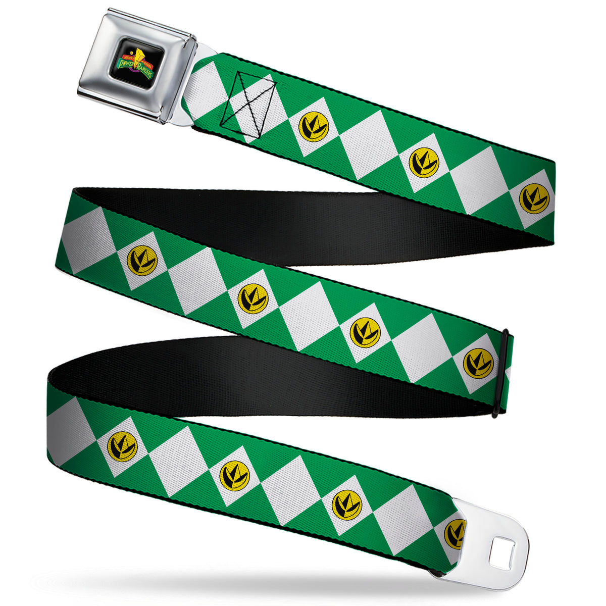 Power Rangers Logo Full Color Black Seatbelt Belt - Power Rangers Green Ranger Dragon Claw Coin Icon Diamond Green/White Webbing Seatbelt Belts Power Rangers