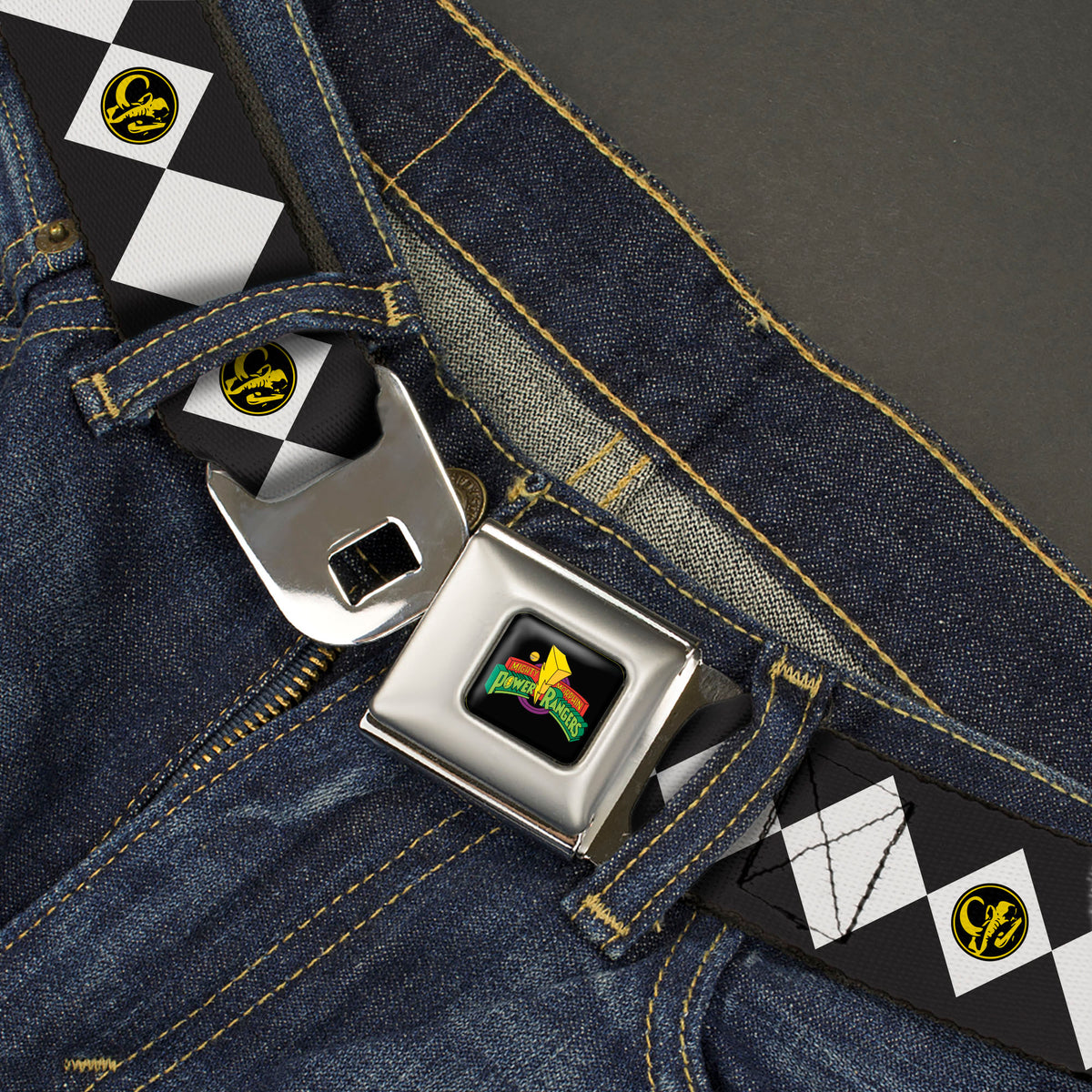 Power Rangers Logo Full Color Black Seatbelt Belt - Power Rangers Black Ranger Mastadon Coin Icon Diamond Blue/White Webbing Seatbelt Belts Power Rangers