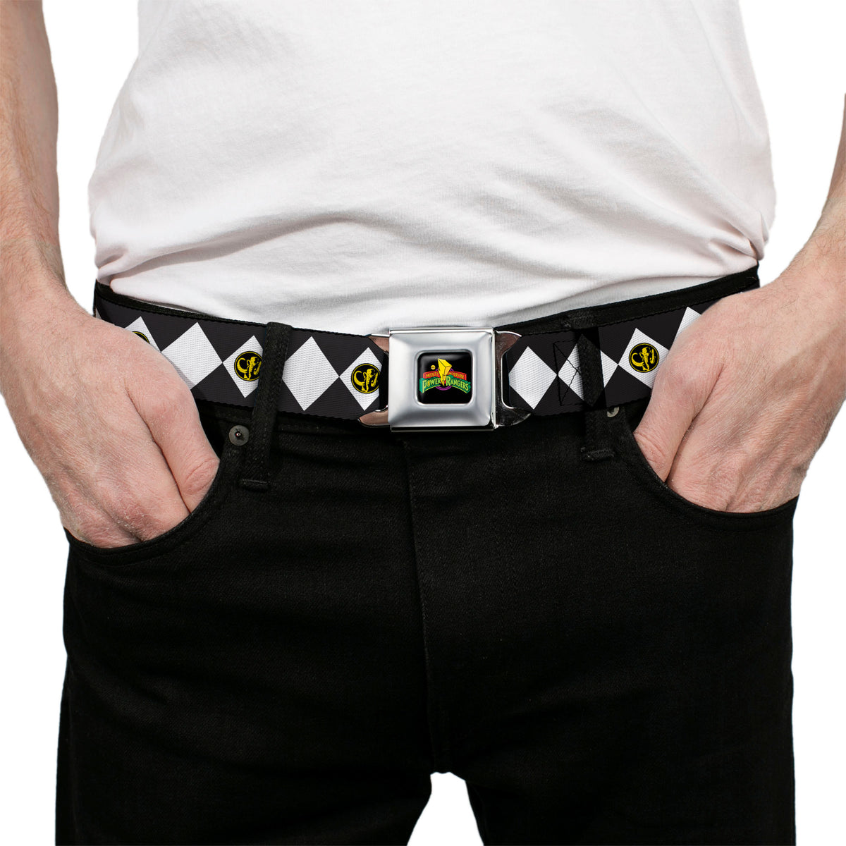 Power Rangers Logo Full Color Black Seatbelt Belt - Power Rangers Black Ranger Mastadon Coin Icon Diamond Blue/White Webbing Seatbelt Belts Power Rangers