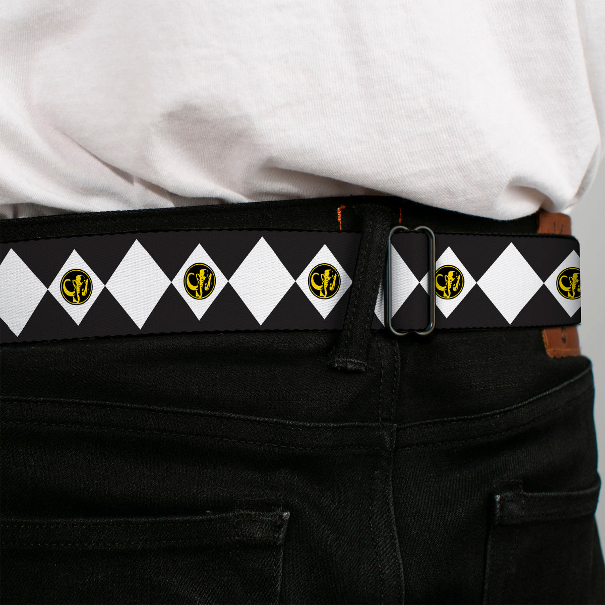 Power Rangers Logo Full Color Black Seatbelt Belt - Power Rangers Black Ranger Mastadon Coin Icon Diamond Blue/White Webbing Seatbelt Belts Power Rangers