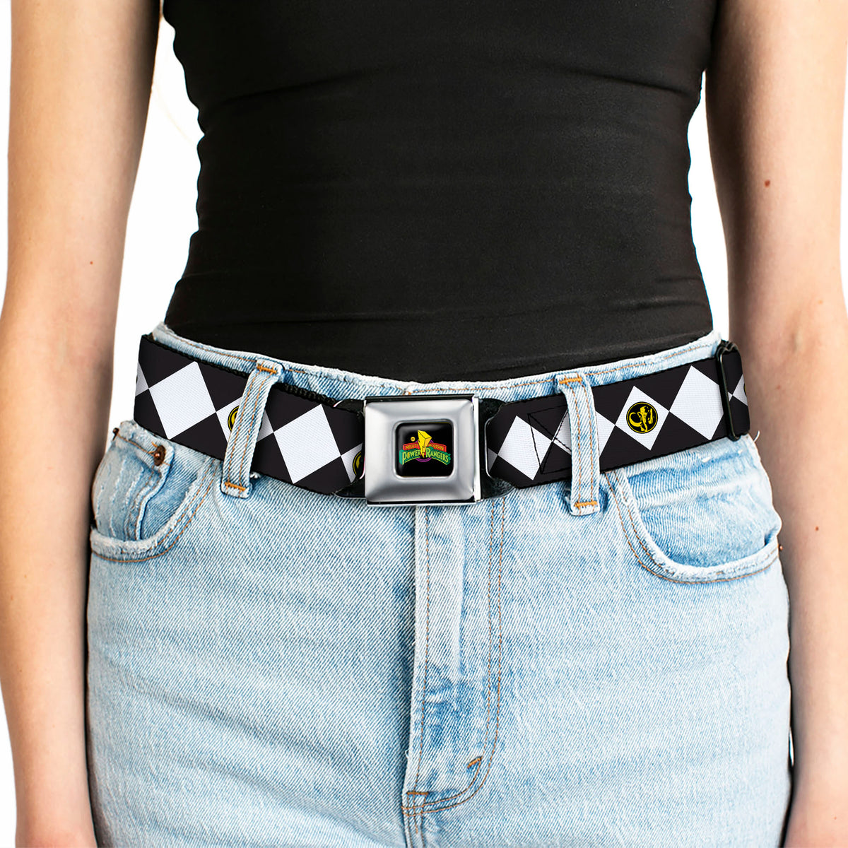 Power Rangers Logo Full Color Black Seatbelt Belt - Power Rangers Black Ranger Mastadon Coin Icon Diamond Blue/White Webbing Seatbelt Belts Power Rangers