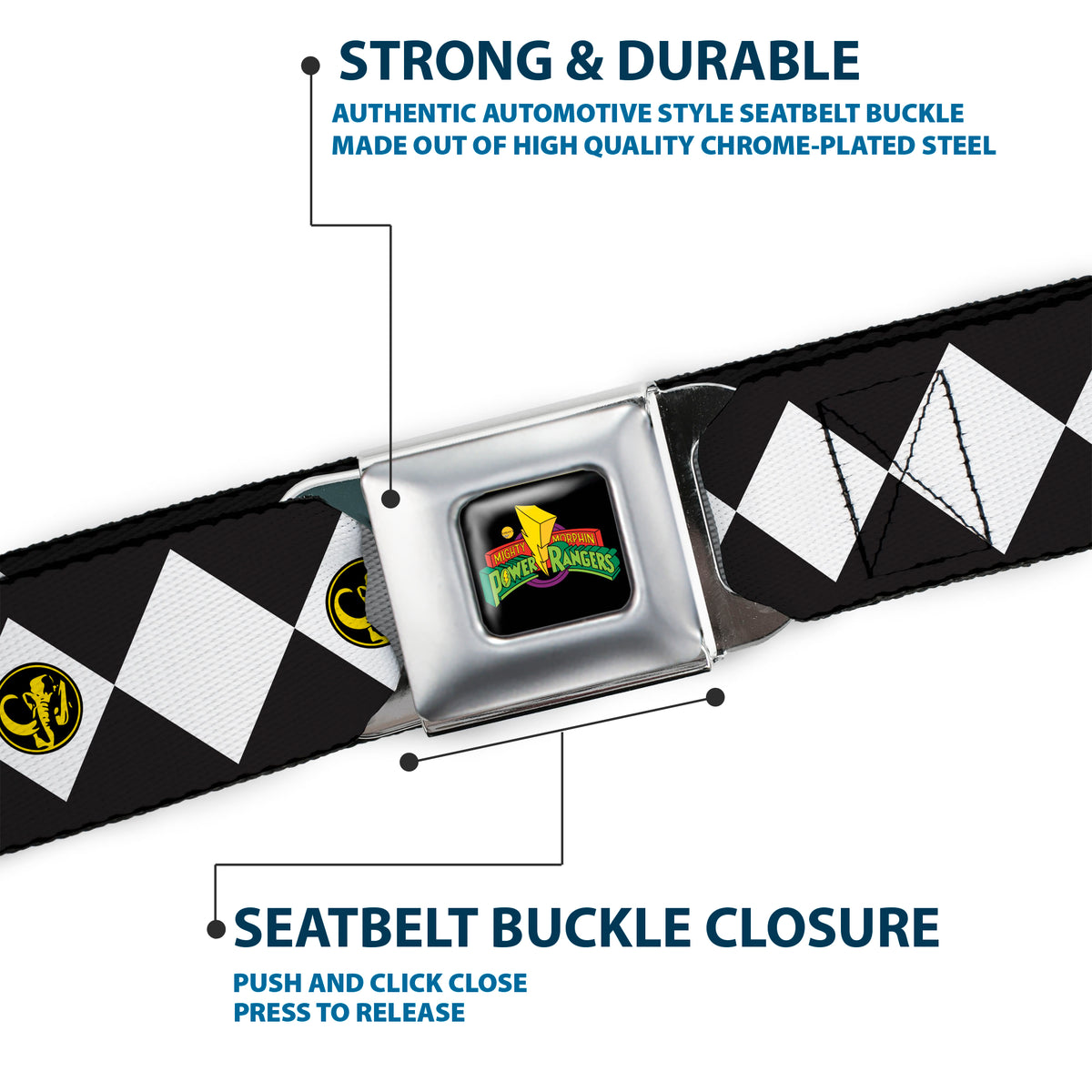 Power Rangers Logo Full Color Black Seatbelt Belt - Power Rangers Black Ranger Mastadon Coin Icon Diamond Blue/White Webbing Seatbelt Belts Power Rangers