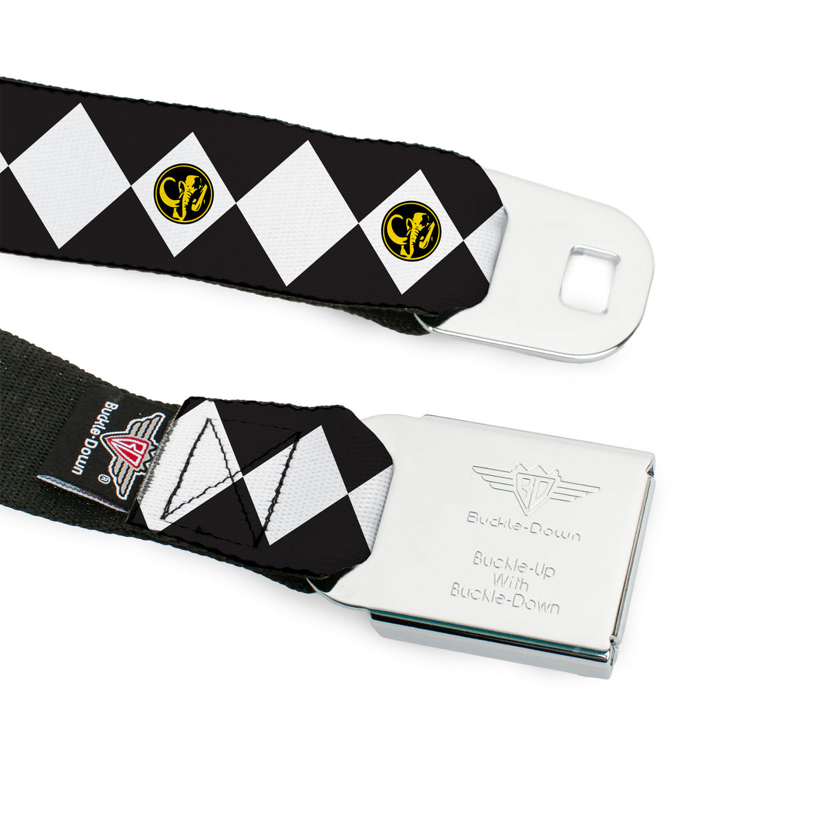 Power Rangers Logo Full Color Black Seatbelt Belt - Power Rangers Black Ranger Mastadon Coin Icon Diamond Blue/White Webbing Seatbelt Belts Power Rangers