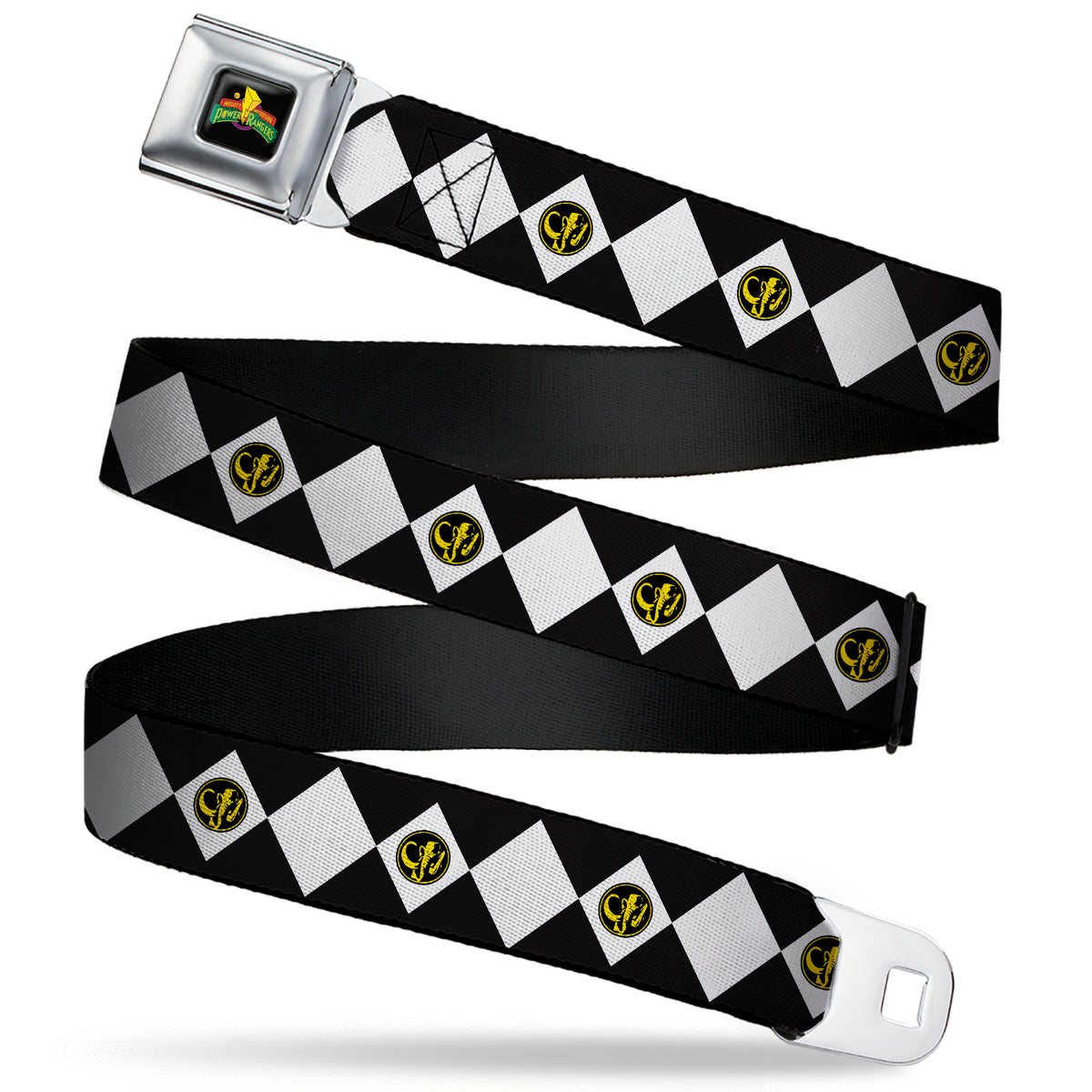 Power Rangers Logo Full Color Black Seatbelt Belt - Power Rangers Black Ranger Mastadon Coin Icon Diamond Blue/White Webbing Seatbelt Belts Power Rangers