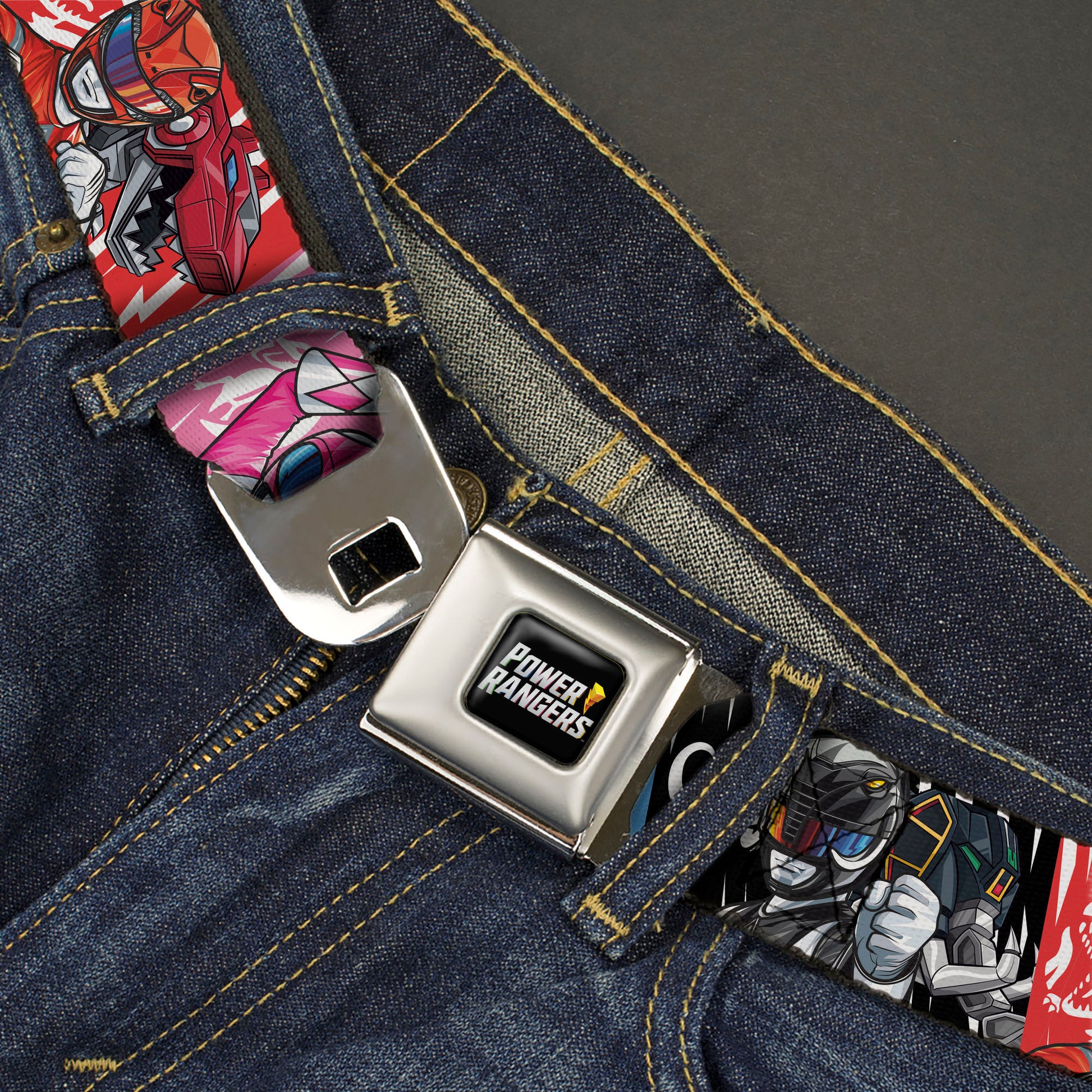 POWER RANGERS Bolt Logo Full Color Black/Gray/Yellows Seatbelt Belt - Power Rangers Pose with Zord and Icon Blocks Multi Color Webbing Seatbelt Belts Power Rangers