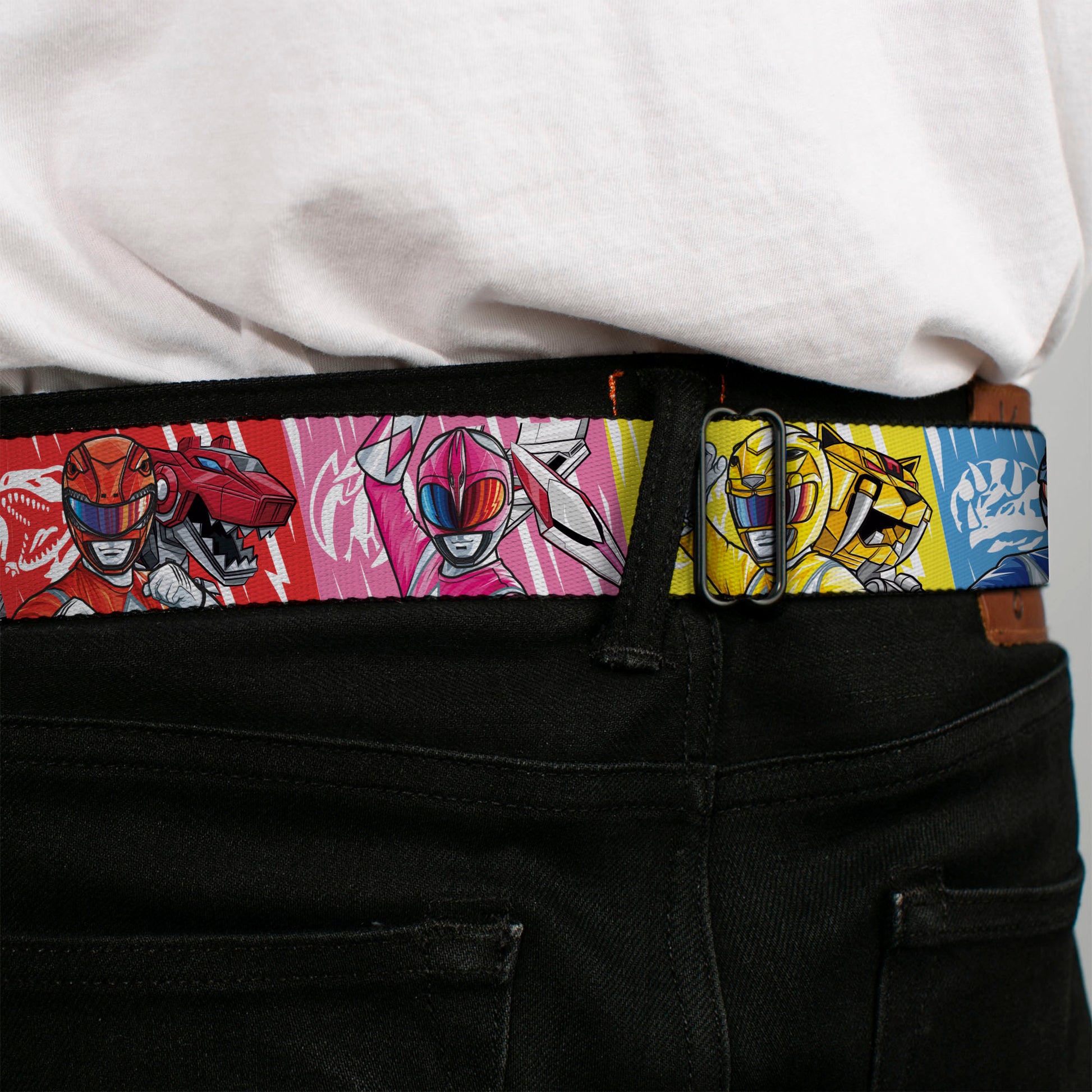 POWER RANGERS Bolt Logo Full Color Black/Gray/Yellows Seatbelt Belt - Power Rangers Pose with Zord and Icon Blocks Multi Color Webbing Seatbelt Belts Power Rangers