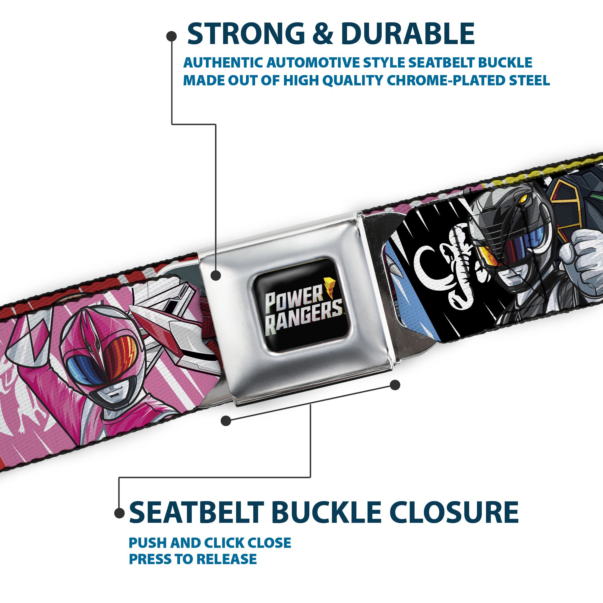 POWER RANGERS Bolt Logo Full Color Black/Gray/Yellows Seatbelt Belt - Power Rangers Pose with Zord and Icon Blocks Multi Color Webbing Seatbelt Belts Power Rangers