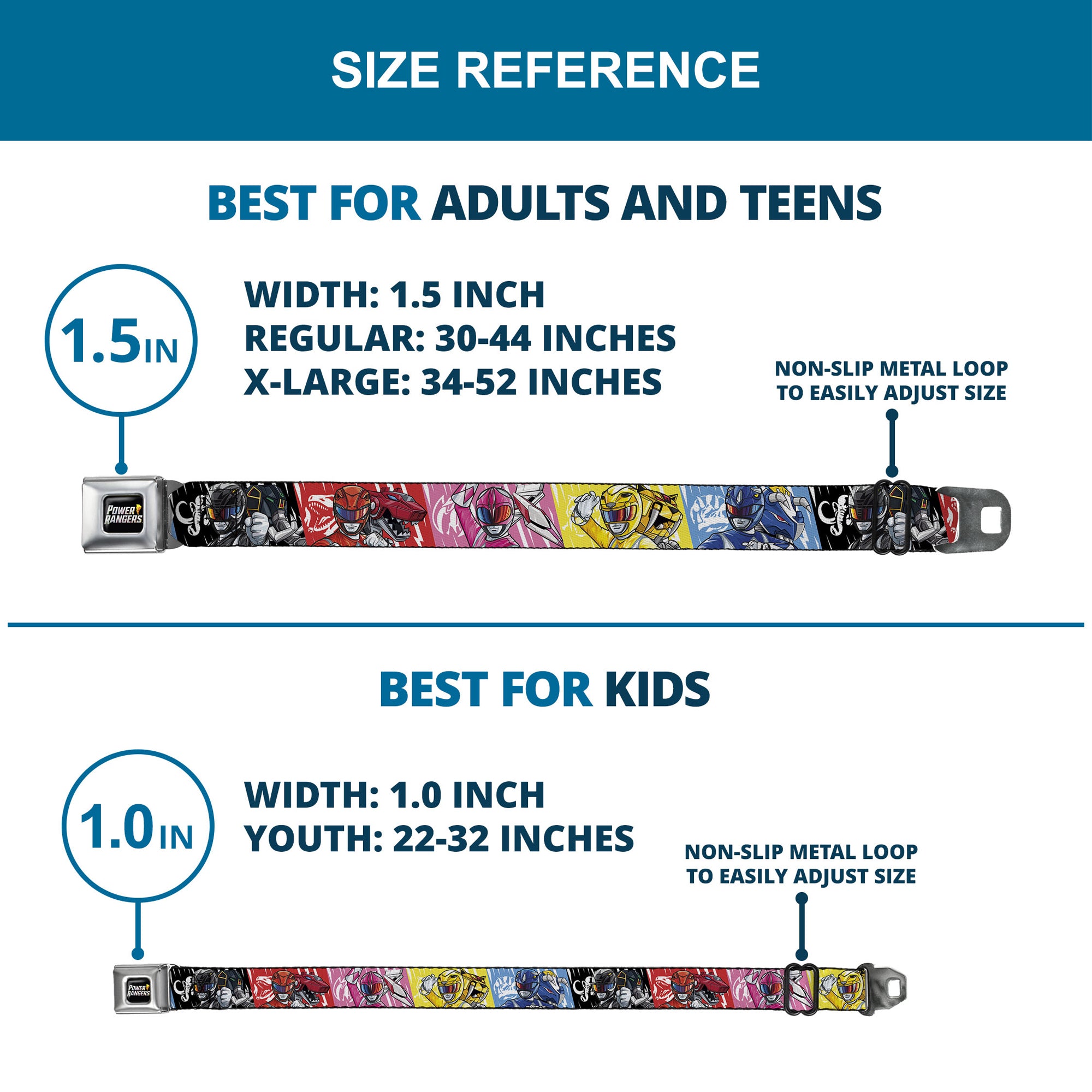 POWER RANGERS Bolt Logo Full Color Black/Gray/Yellows Seatbelt Belt - Power Rangers Pose with Zord and Icon Blocks Multi Color Webbing Seatbelt Belts Power Rangers