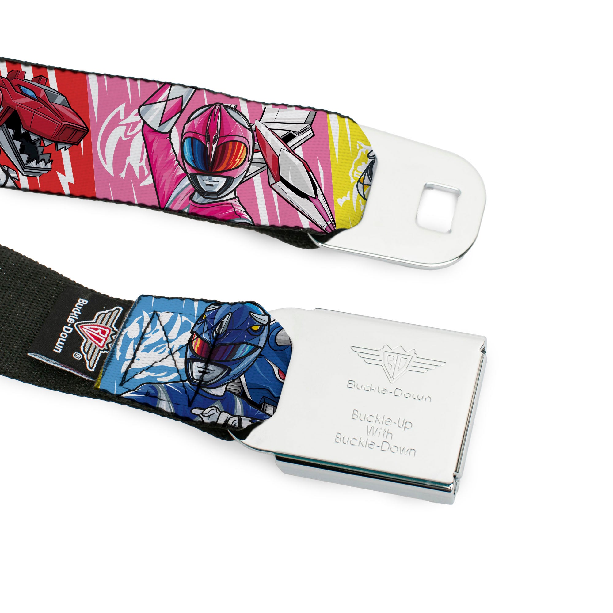 POWER RANGERS Bolt Logo Full Color Black/Gray/Yellows Seatbelt Belt - Power Rangers Pose with Zord and Icon Blocks Multi Color Webbing Seatbelt Belts Power Rangers