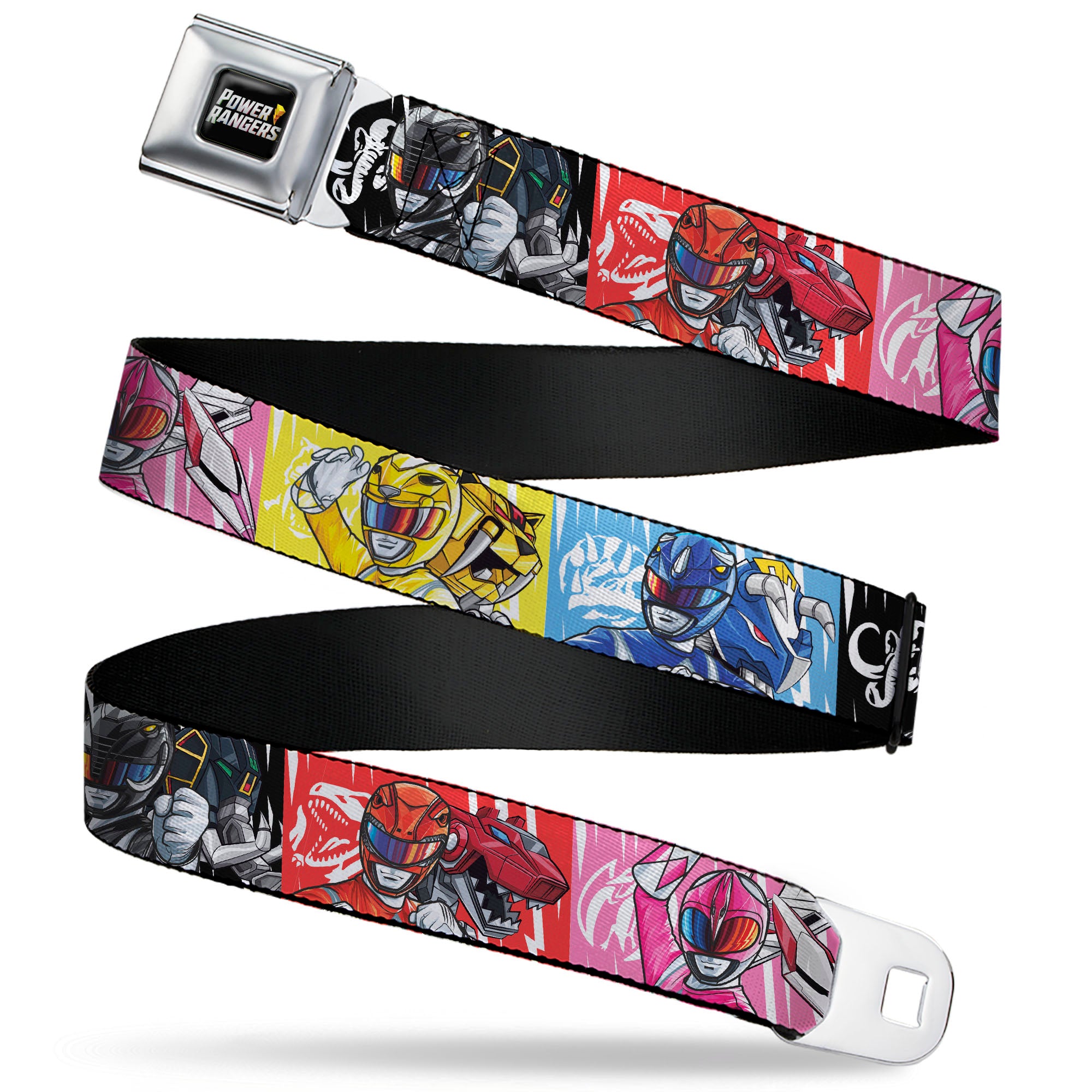 POWER RANGERS Bolt Logo Full Color Black/Gray/Yellows Seatbelt Belt - Power Rangers Pose with Zord and Icon Blocks Multi Color Webbing Seatbelt Belts Power Rangers