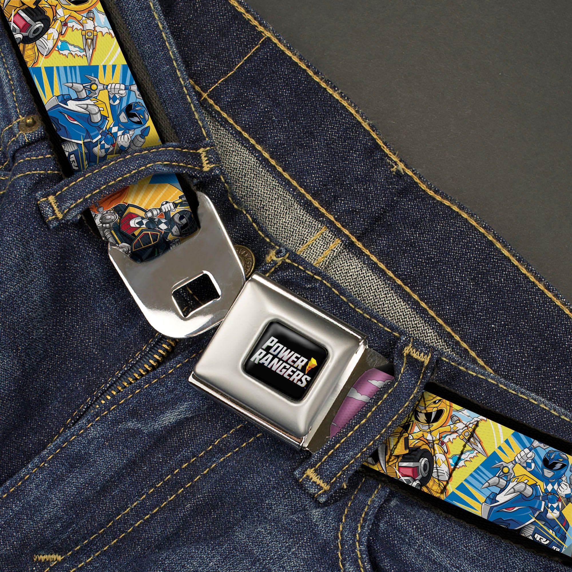 POWER RANGERS Bolt Logo Full Color Black/Gray/Yellows Seatbelt Belt - Power Rangers and Zord Action Pose Blocks Webbing Seatbelt Belts Power Rangers