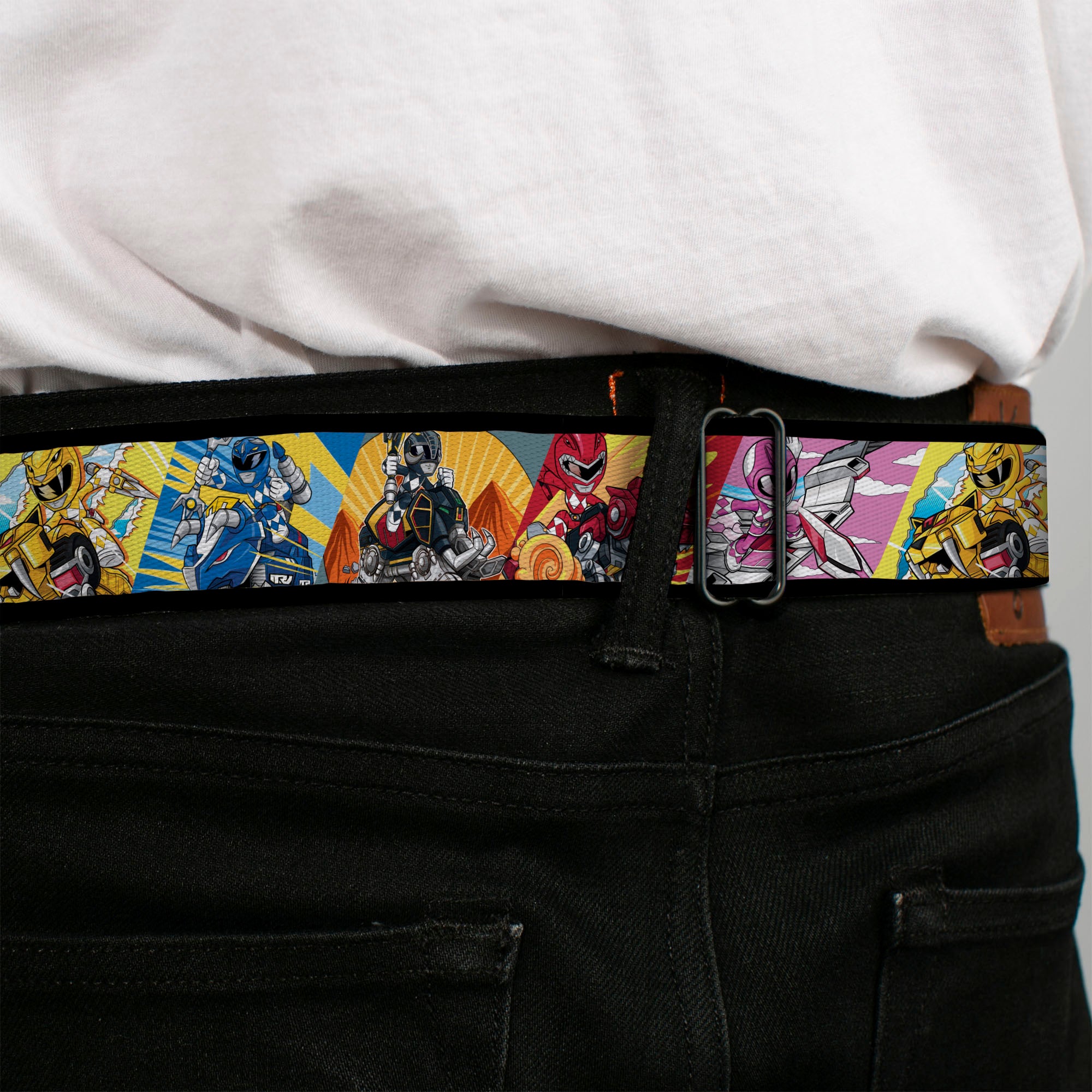 POWER RANGERS Bolt Logo Full Color Black/Gray/Yellows Seatbelt Belt - Power Rangers and Zord Action Pose Blocks Webbing Seatbelt Belts Power Rangers