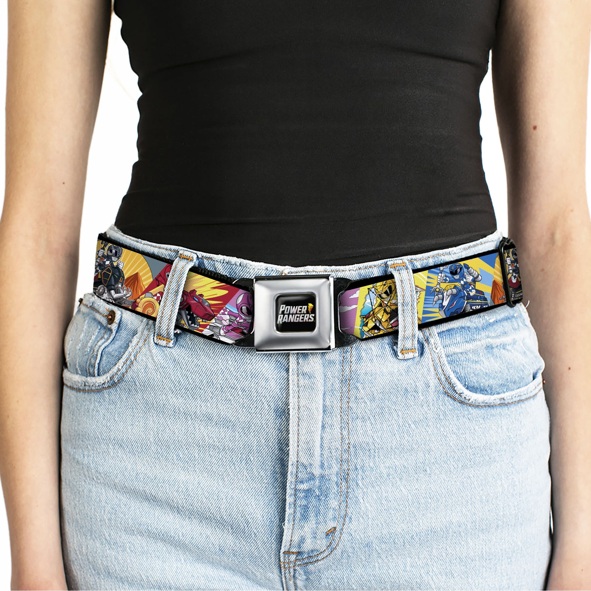 POWER RANGERS Bolt Logo Full Color Black/Gray/Yellows Seatbelt Belt - Power Rangers and Zord Action Pose Blocks Webbing Seatbelt Belts Power Rangers