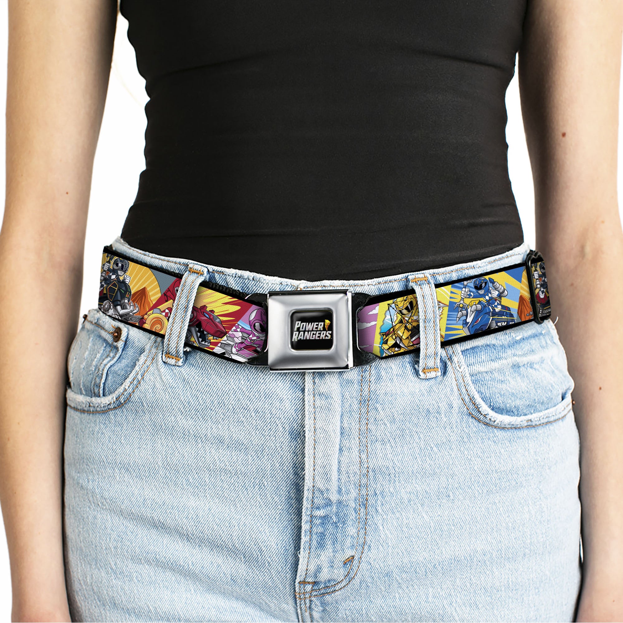 POWER RANGERS Bolt Logo Full Color Black/Gray/Yellows Seatbelt Belt - Power Rangers and Zord Action Pose Blocks Webbing Seatbelt Belts Power Rangers