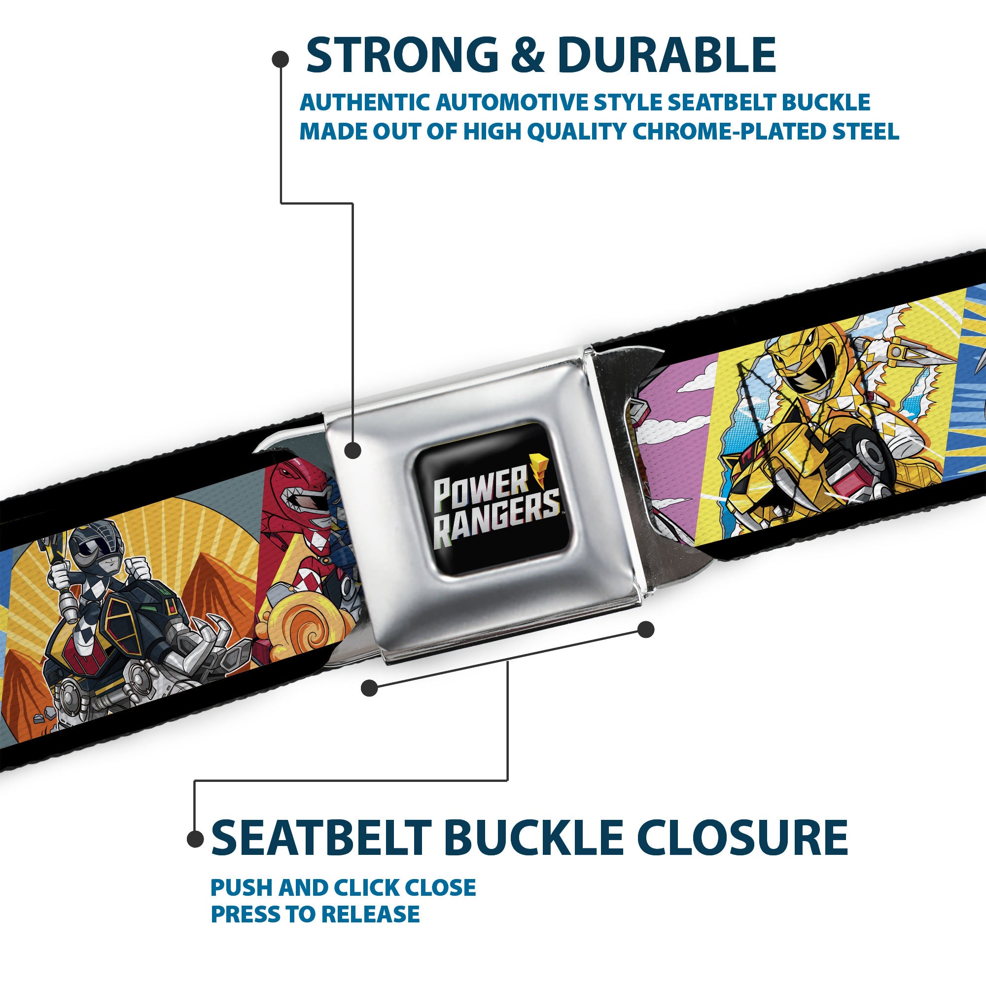 POWER RANGERS Bolt Logo Full Color Black/Gray/Yellows Seatbelt Belt - Power Rangers and Zord Action Pose Blocks Webbing Seatbelt Belts Power Rangers