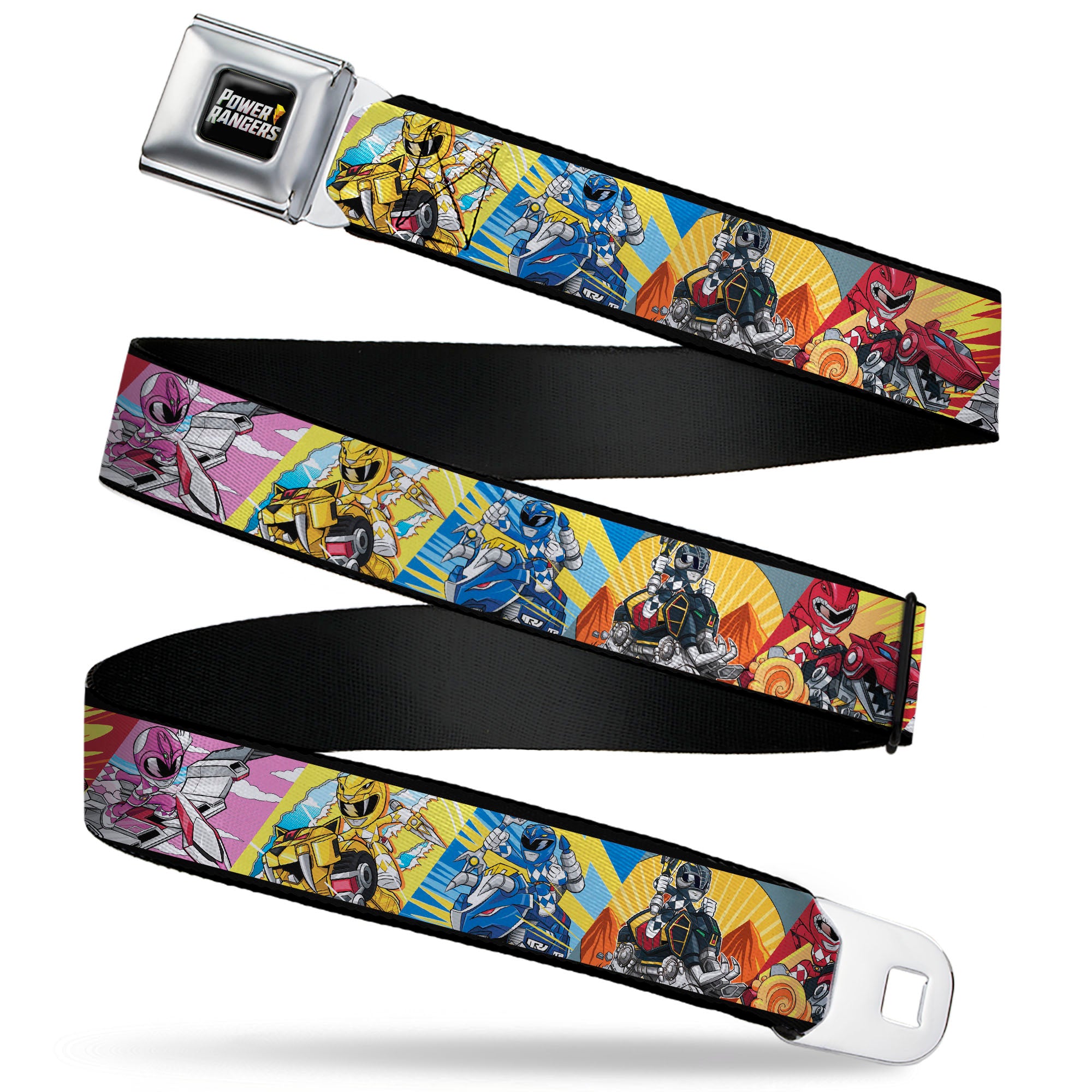 POWER RANGERS Bolt Logo Full Color Black/Gray/Yellows Seatbelt Belt - Power Rangers and Zord Action Pose Blocks Webbing Seatbelt Belts Power Rangers