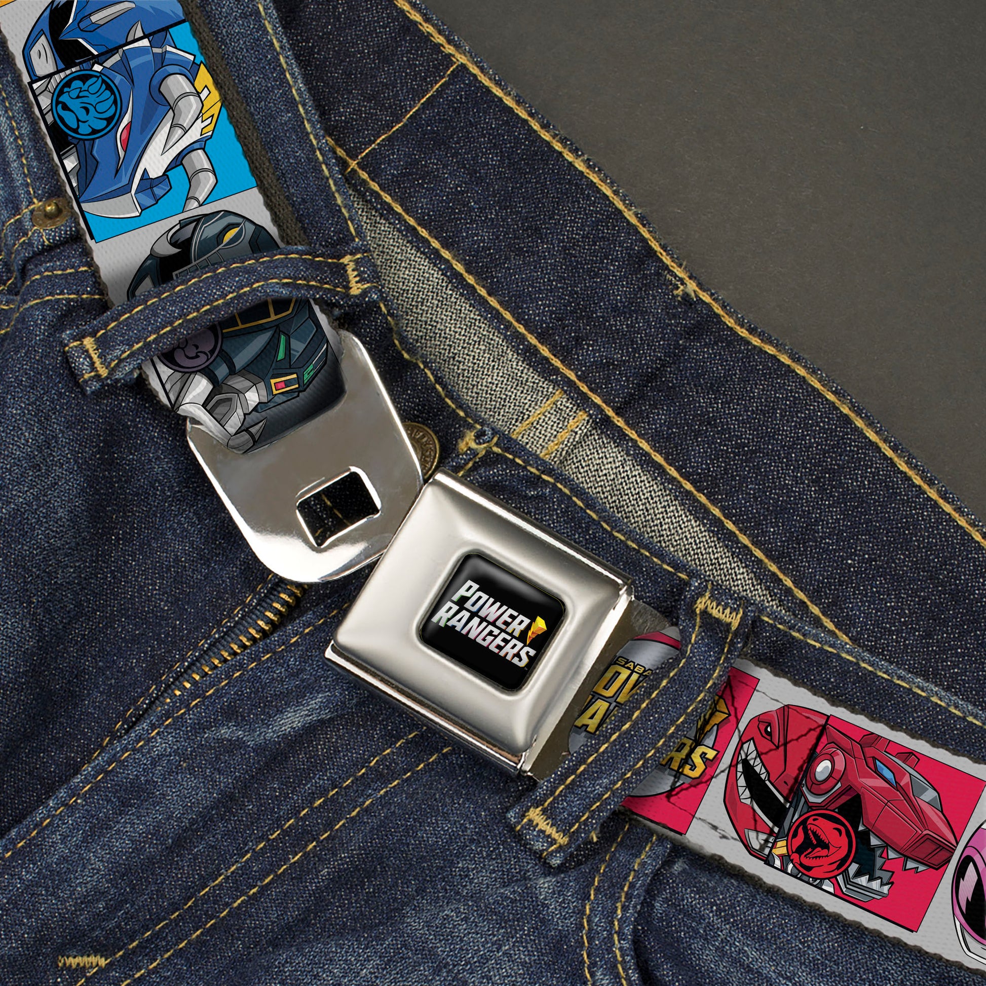 POWER RANGERS Bolt Logo Full Color Black/Gray/Yellows Seatbelt Belt - SABAN'S POWER RANGERS Ranger Zord and Icon Blocks and Title Logo Webbing Seatbelt Belts Power Rangers