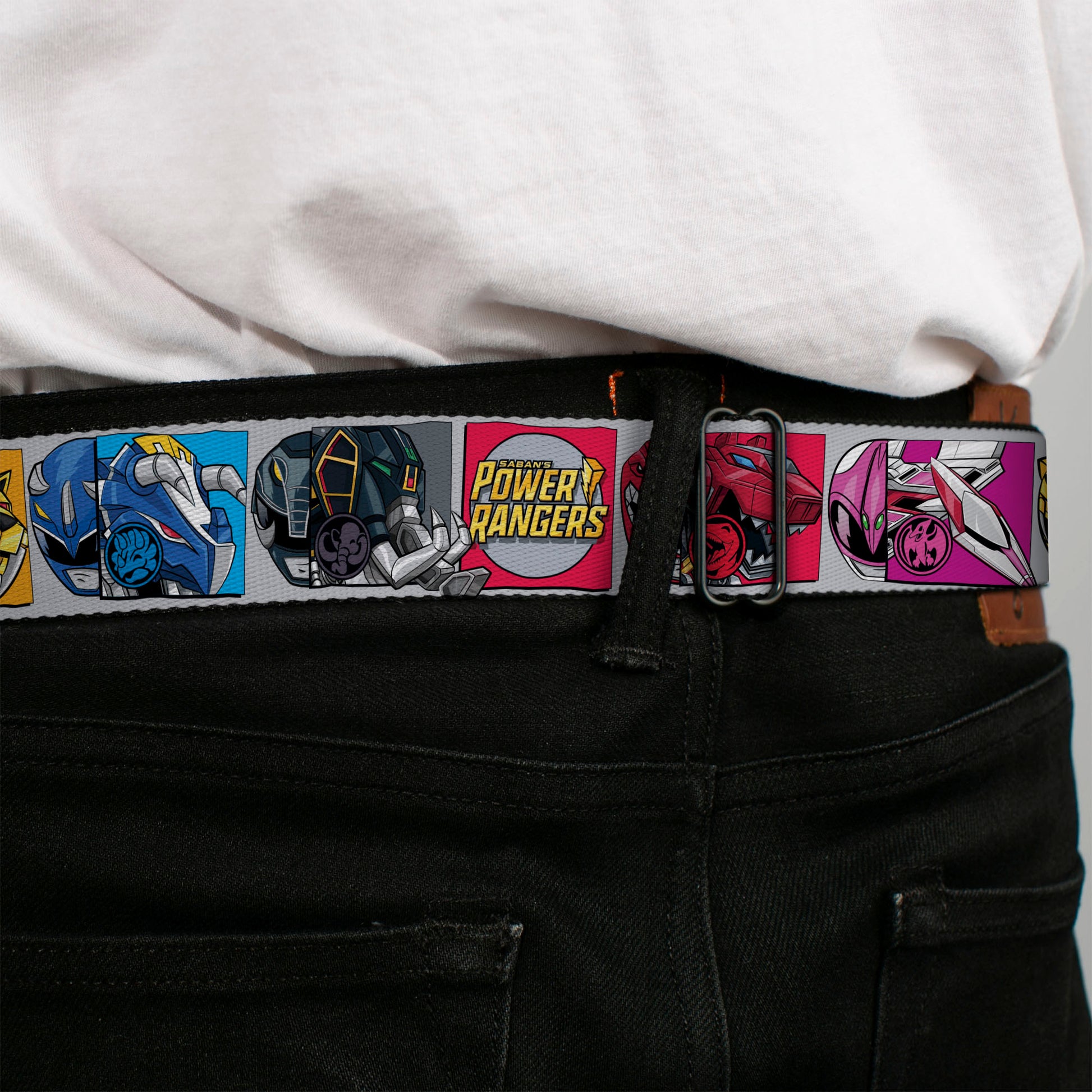 POWER RANGERS Bolt Logo Full Color Black/Gray/Yellows Seatbelt Belt - SABAN'S POWER RANGERS Ranger Zord and Icon Blocks and Title Logo Webbing Seatbelt Belts Power Rangers