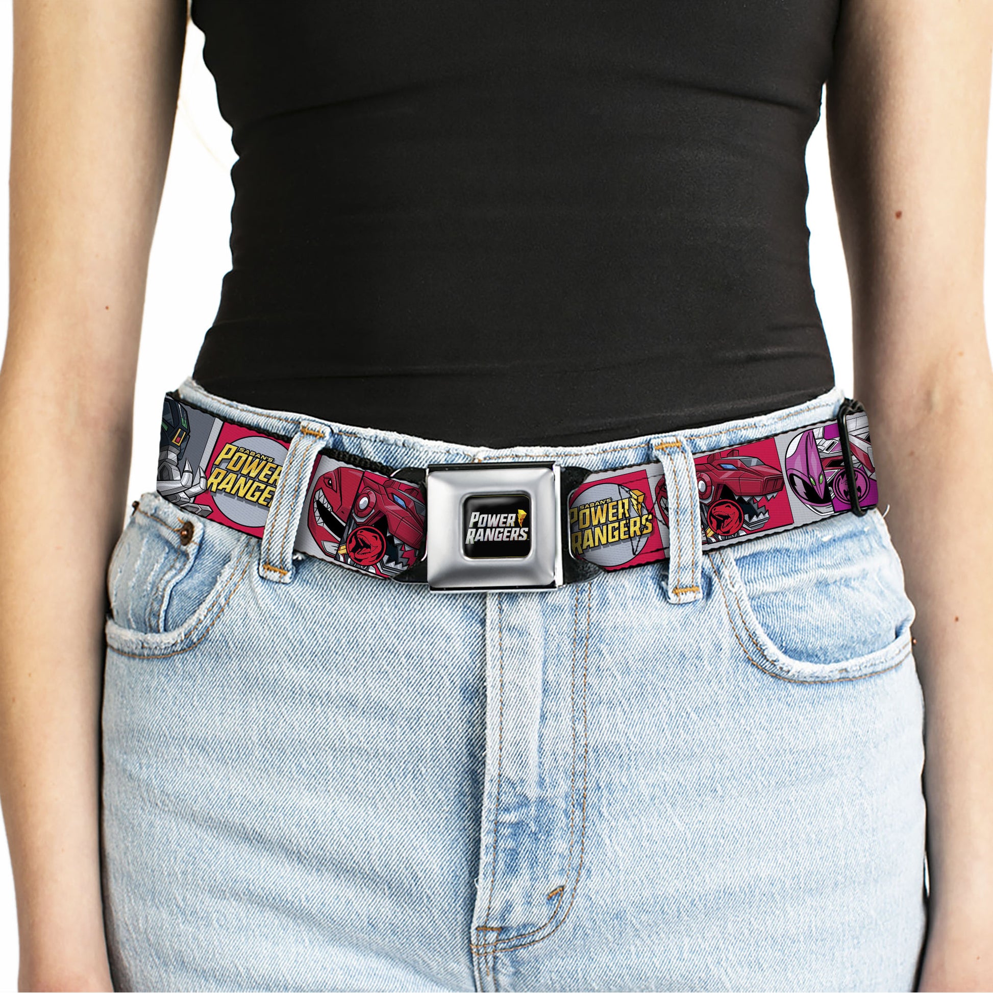 POWER RANGERS Bolt Logo Full Color Black/Gray/Yellows Seatbelt Belt - SABAN'S POWER RANGERS Ranger Zord and Icon Blocks and Title Logo Webbing Seatbelt Belts Power Rangers