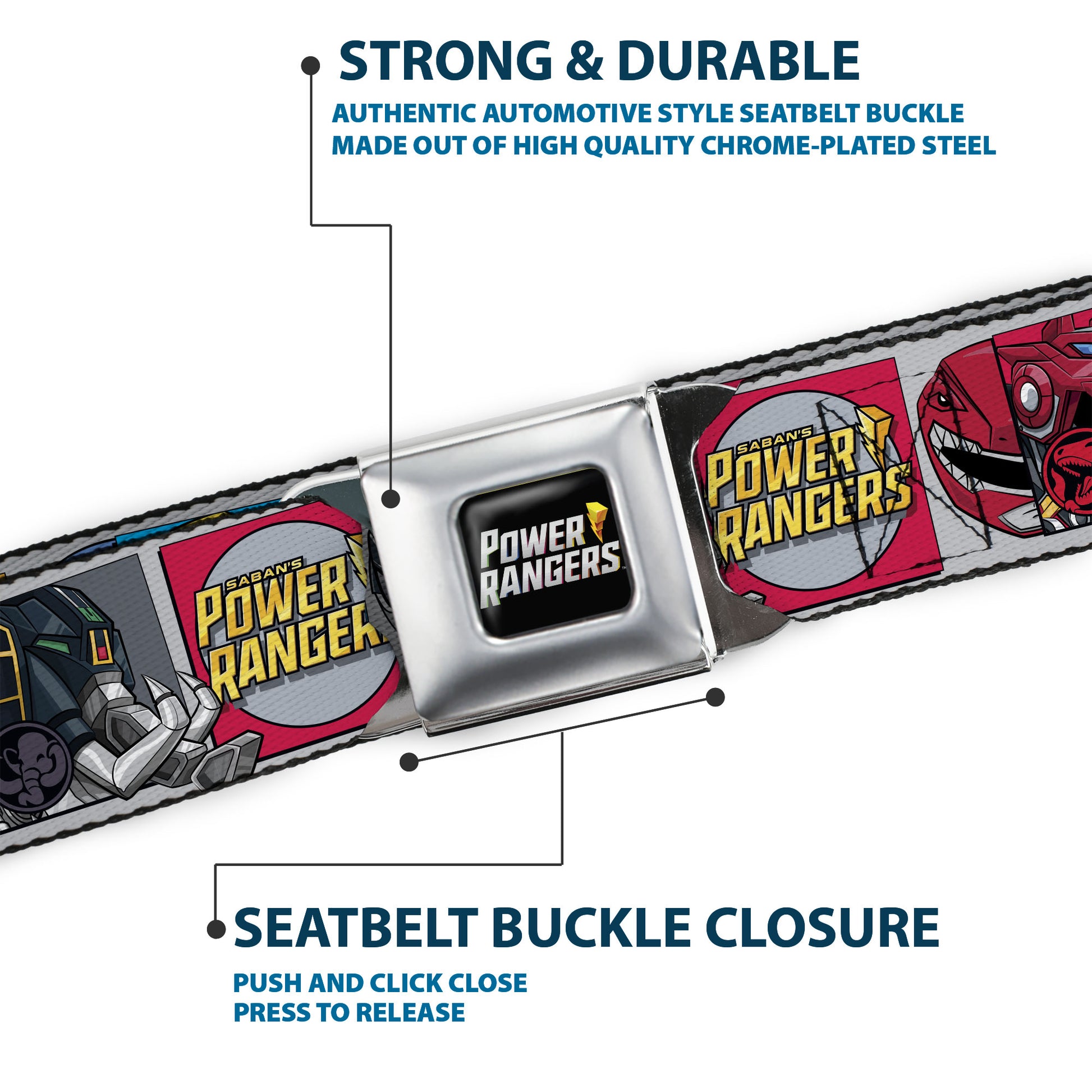 POWER RANGERS Bolt Logo Full Color Black/Gray/Yellows Seatbelt Belt - SABAN'S POWER RANGERS Ranger Zord and Icon Blocks and Title Logo Webbing Seatbelt Belts Power Rangers