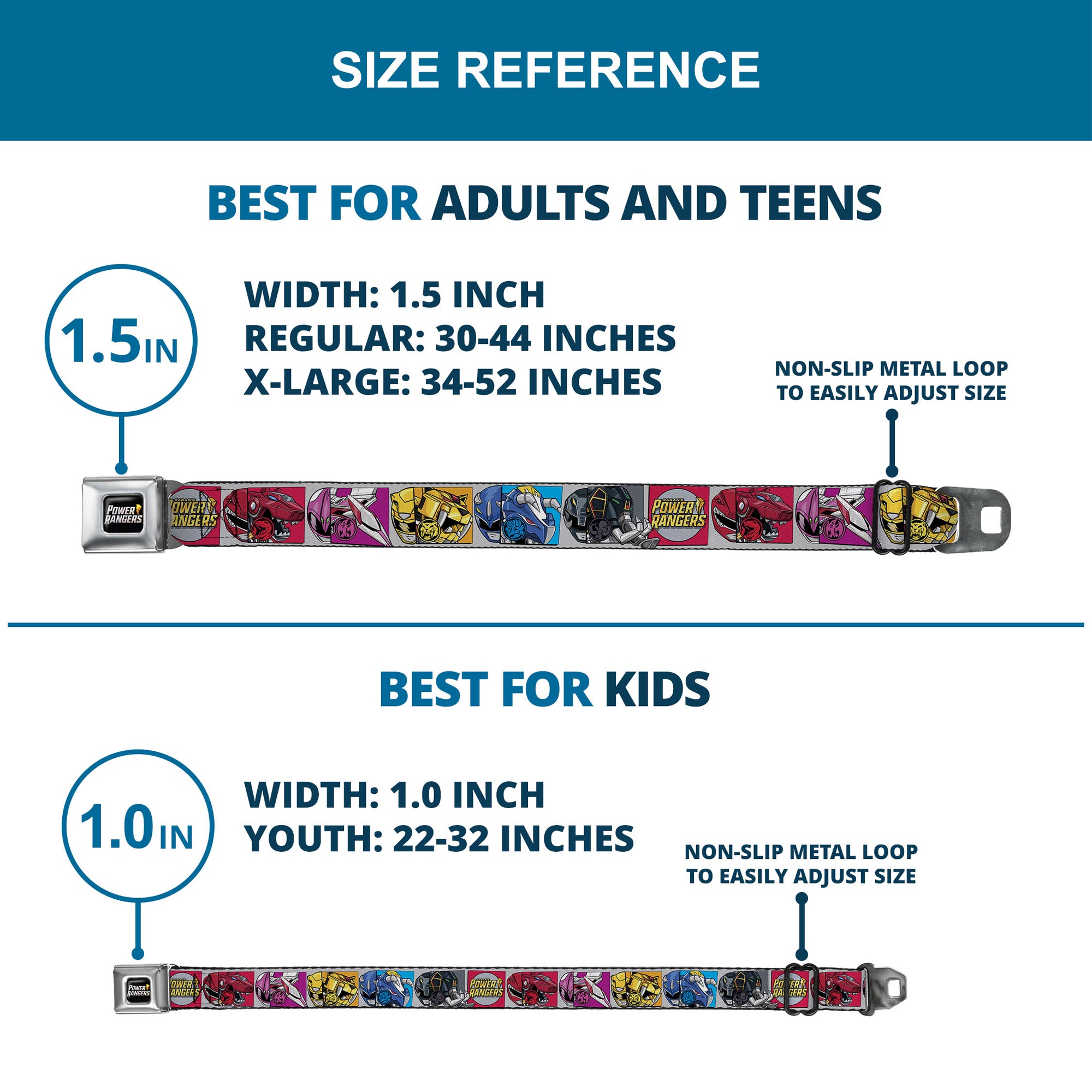 POWER RANGERS Bolt Logo Full Color Black/Gray/Yellows Seatbelt Belt - SABAN'S POWER RANGERS Ranger Zord and Icon Blocks and Title Logo Webbing Seatbelt Belts Power Rangers