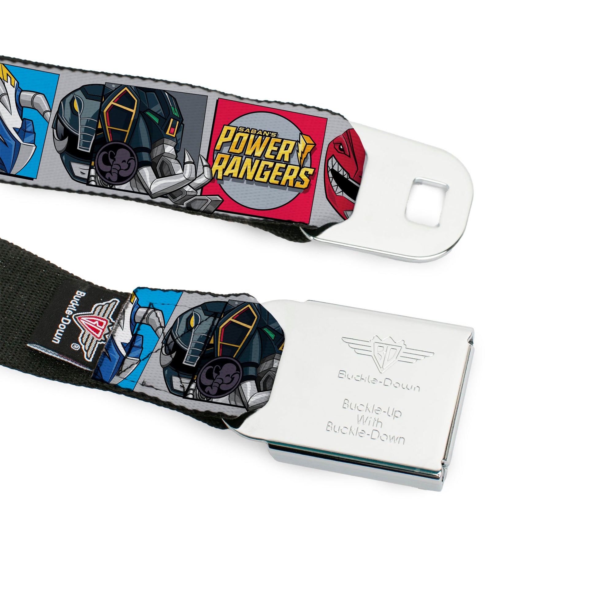 POWER RANGERS Bolt Logo Full Color Black/Gray/Yellows Seatbelt Belt - SABAN'S POWER RANGERS Ranger Zord and Icon Blocks and Title Logo Webbing Seatbelt Belts Power Rangers
