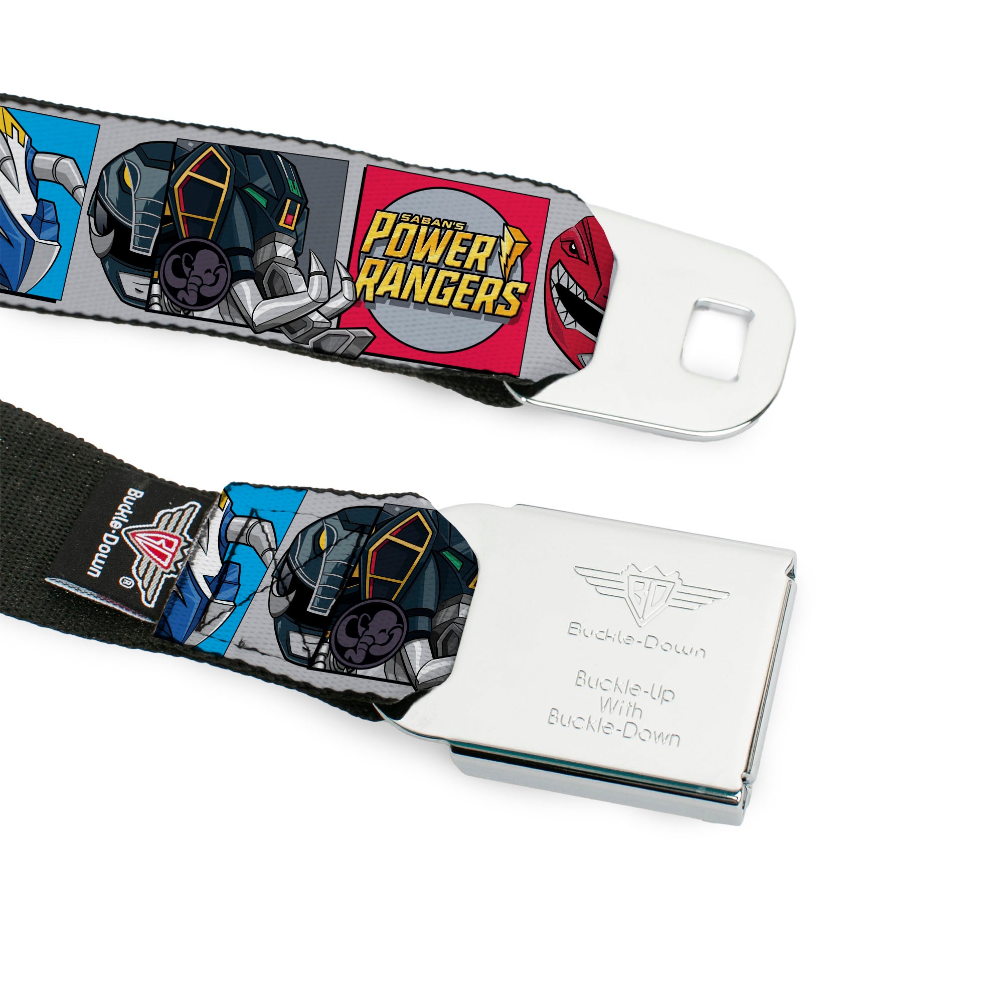 POWER RANGERS Bolt Logo Full Color Black/Gray/Yellows Seatbelt Belt - SABAN'S POWER RANGERS Ranger Zord and Icon Blocks and Title Logo Webbing Seatbelt Belts Power Rangers