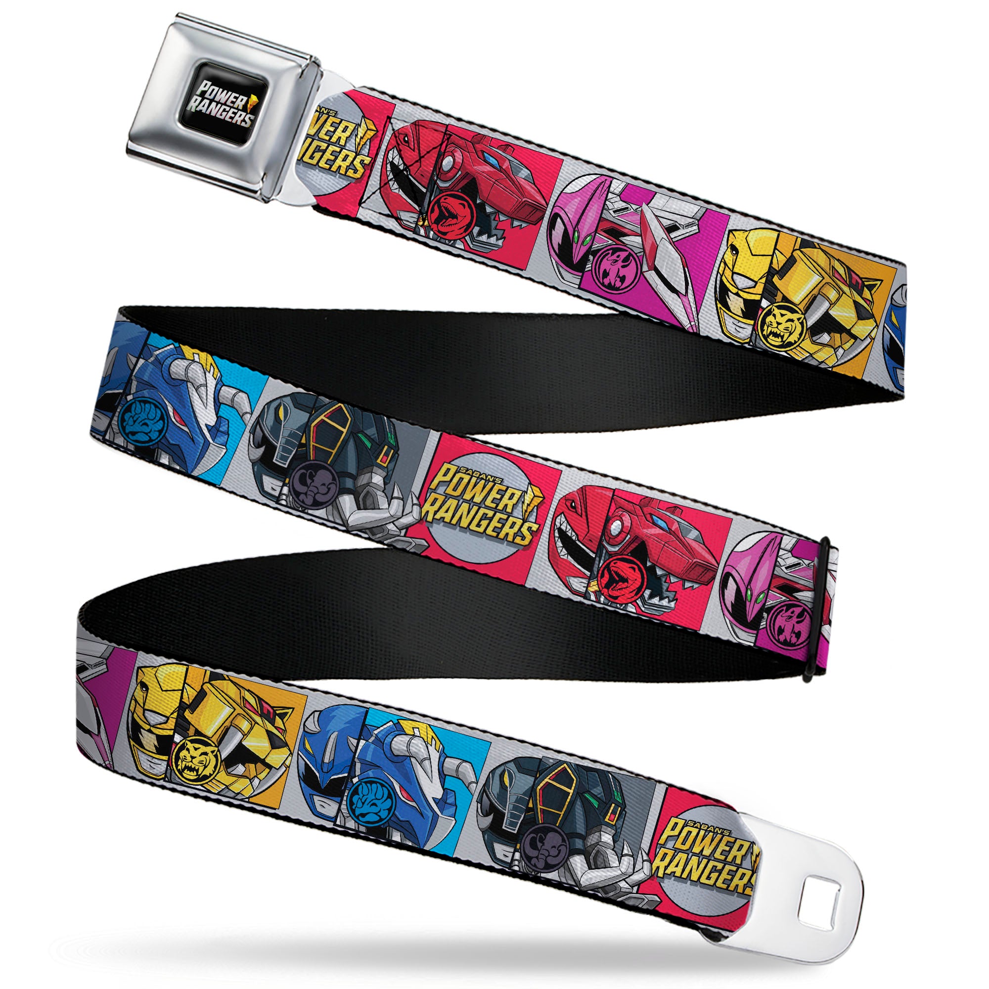 POWER RANGERS Bolt Logo Full Color Black/Gray/Yellows Seatbelt Belt - SABAN'S POWER RANGERS Ranger Zord and Icon Blocks and Title Logo Webbing Seatbelt Belts Power Rangers
