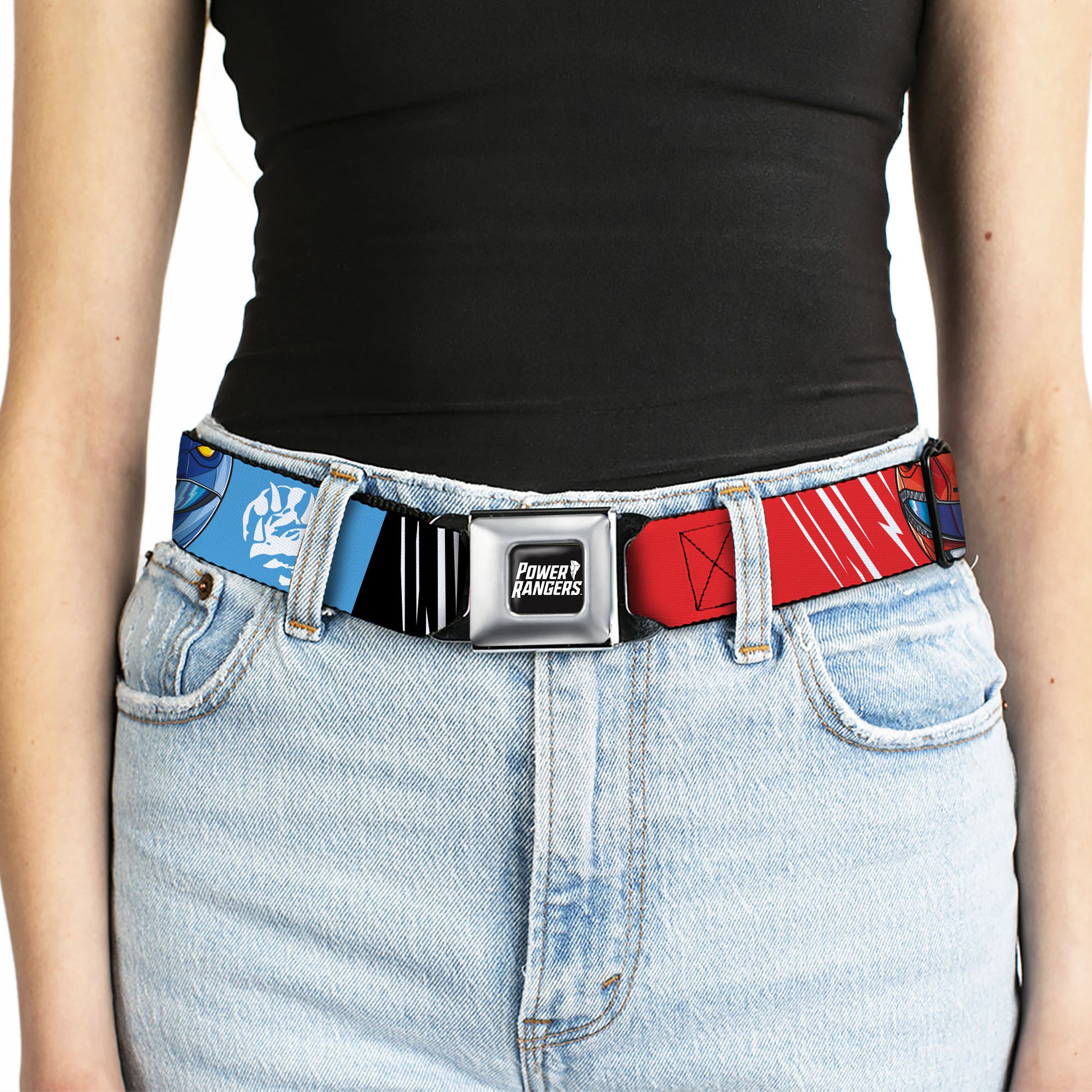 POWER RANGERS Title Logo Full Color Black/White Seatbelt Belt - Power Rangers Face and Power Icon Blocks Multi Color Webbing Seatbelt Belts Power Rangers